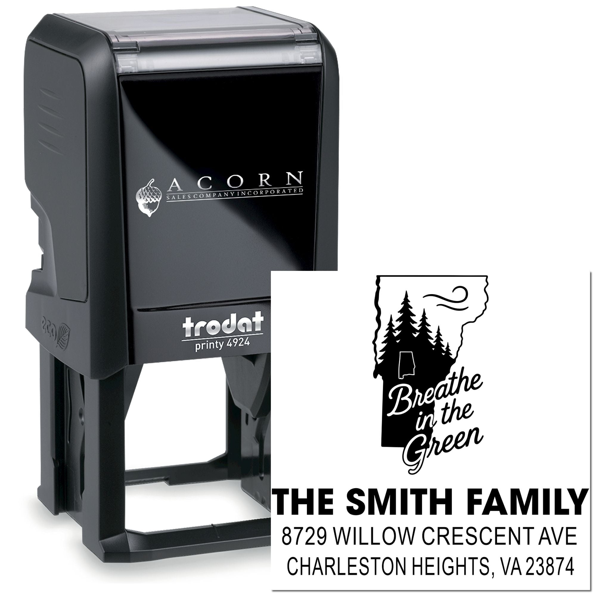 Custom self-inking Trodat address stamp with Breathe in the Green tree design and The Smith Family address imprint.