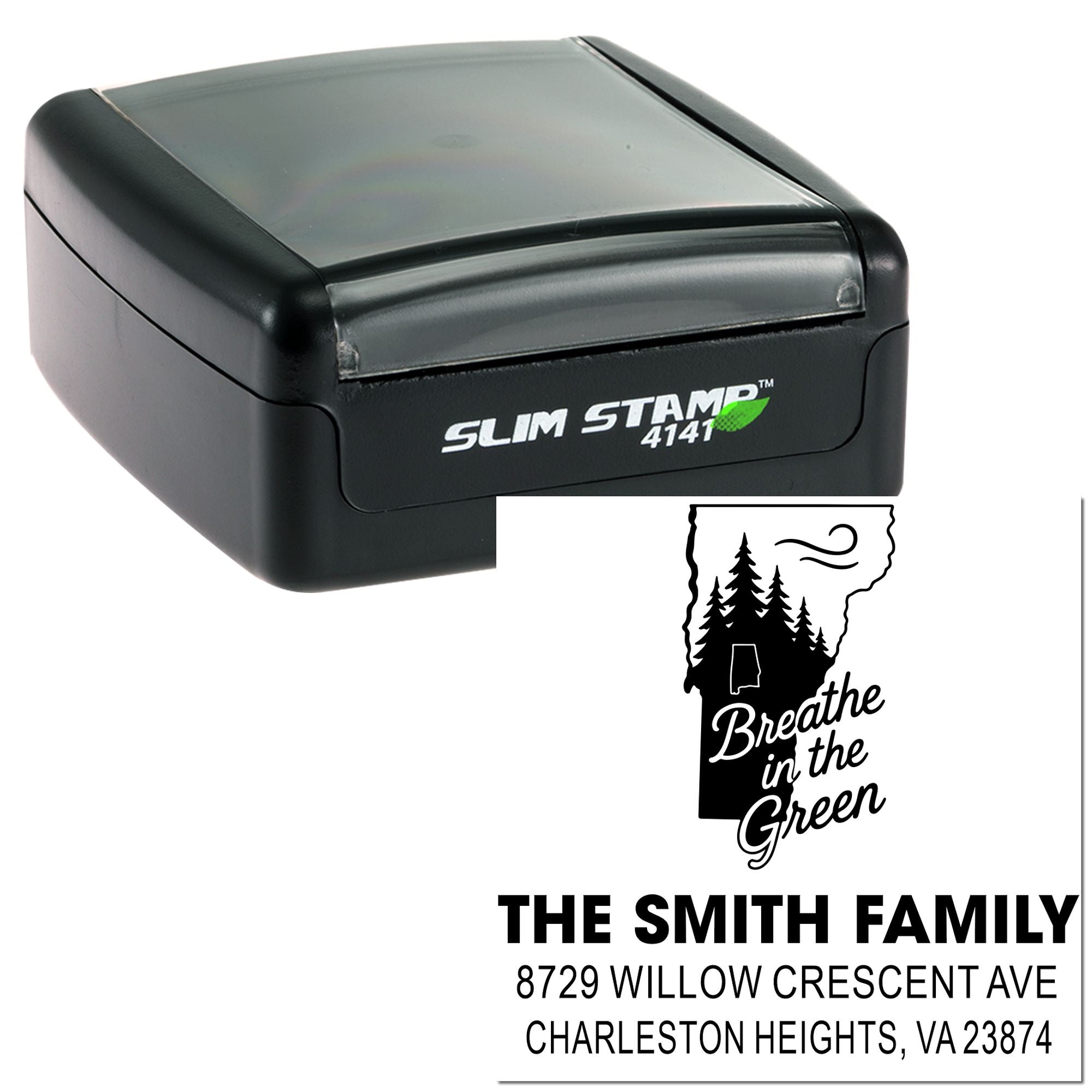 Custom self-inking address rubber stamp with Vermont tree design and The Smith Family return address imprint.