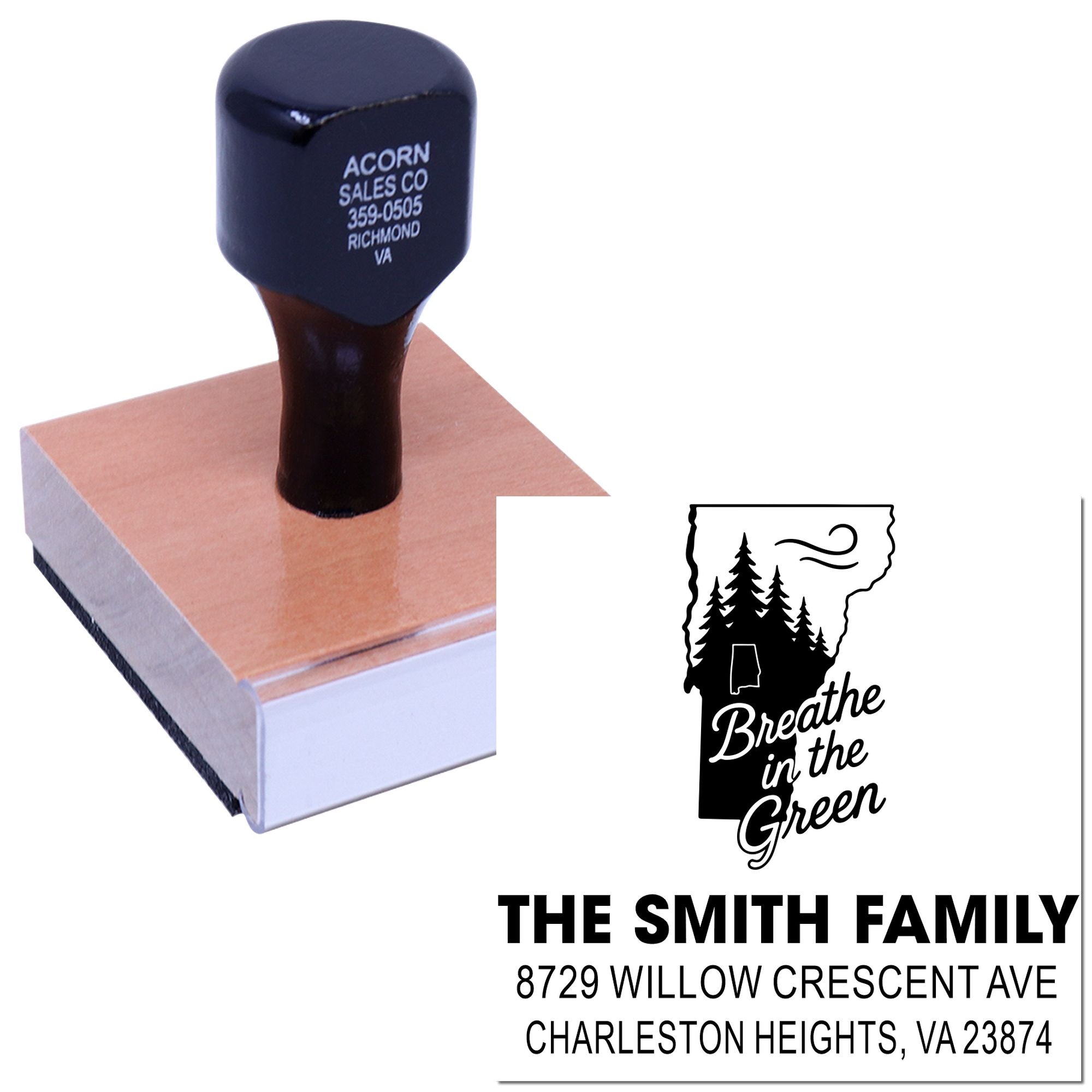 Custom rubber stamp with eco-themed family return address design for The Smith Family, Charleston Heights, VA.
