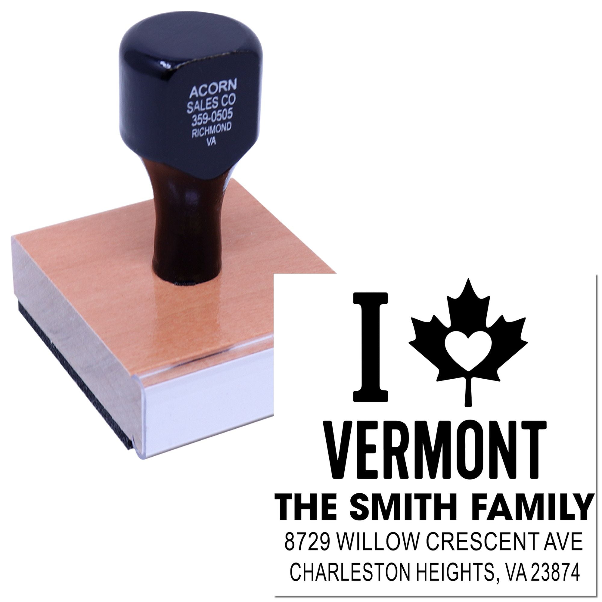 Custom Vermont family return address rubber stamp with heart maple leaf design and Smith family address.
