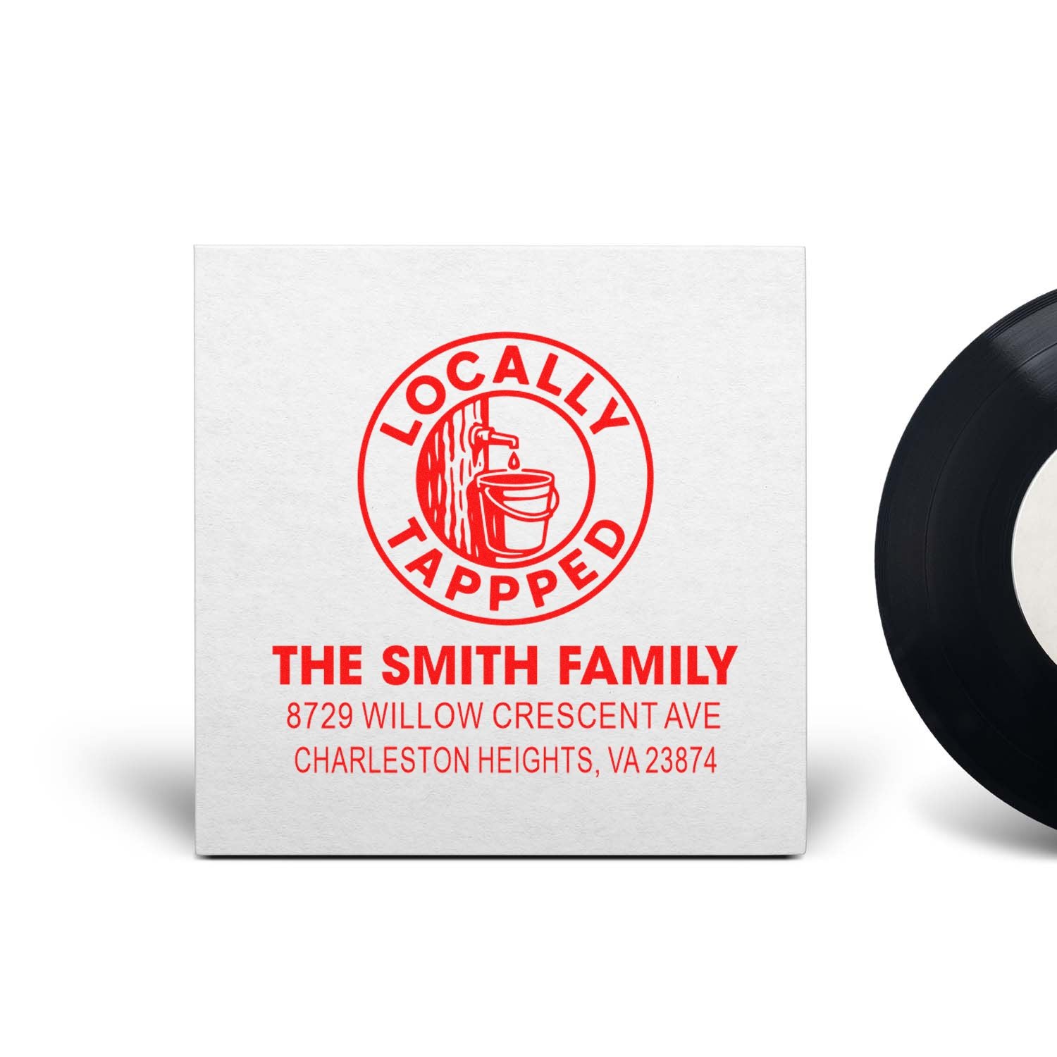 Custom return address rubber stamp with Locally Tapped logo, The Smith Family name, and Charleston Heights, VA address.