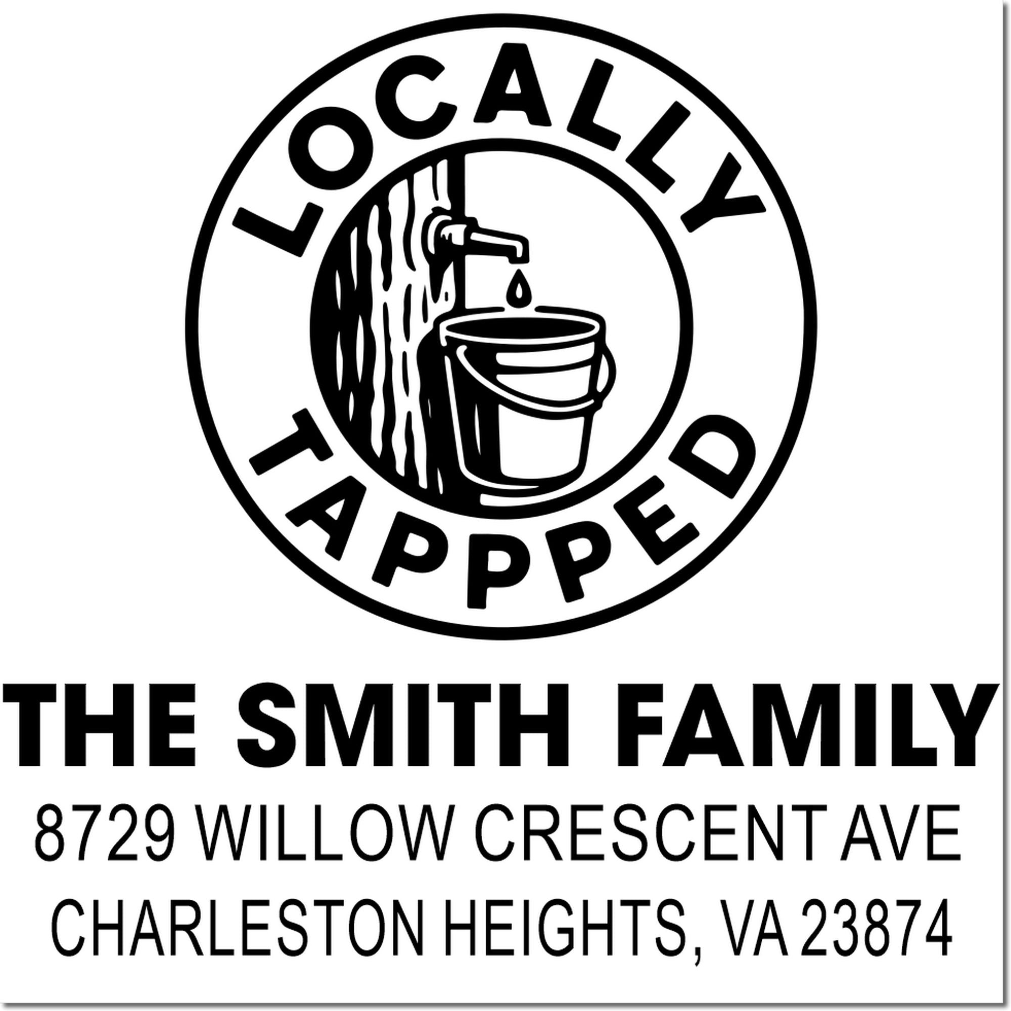 Custom address stamp with Locally Tapped logo, faucet dripping into a bucket, for The Smith Family at 8729 Willow Crescent Ave, Charleston Heights, VA.