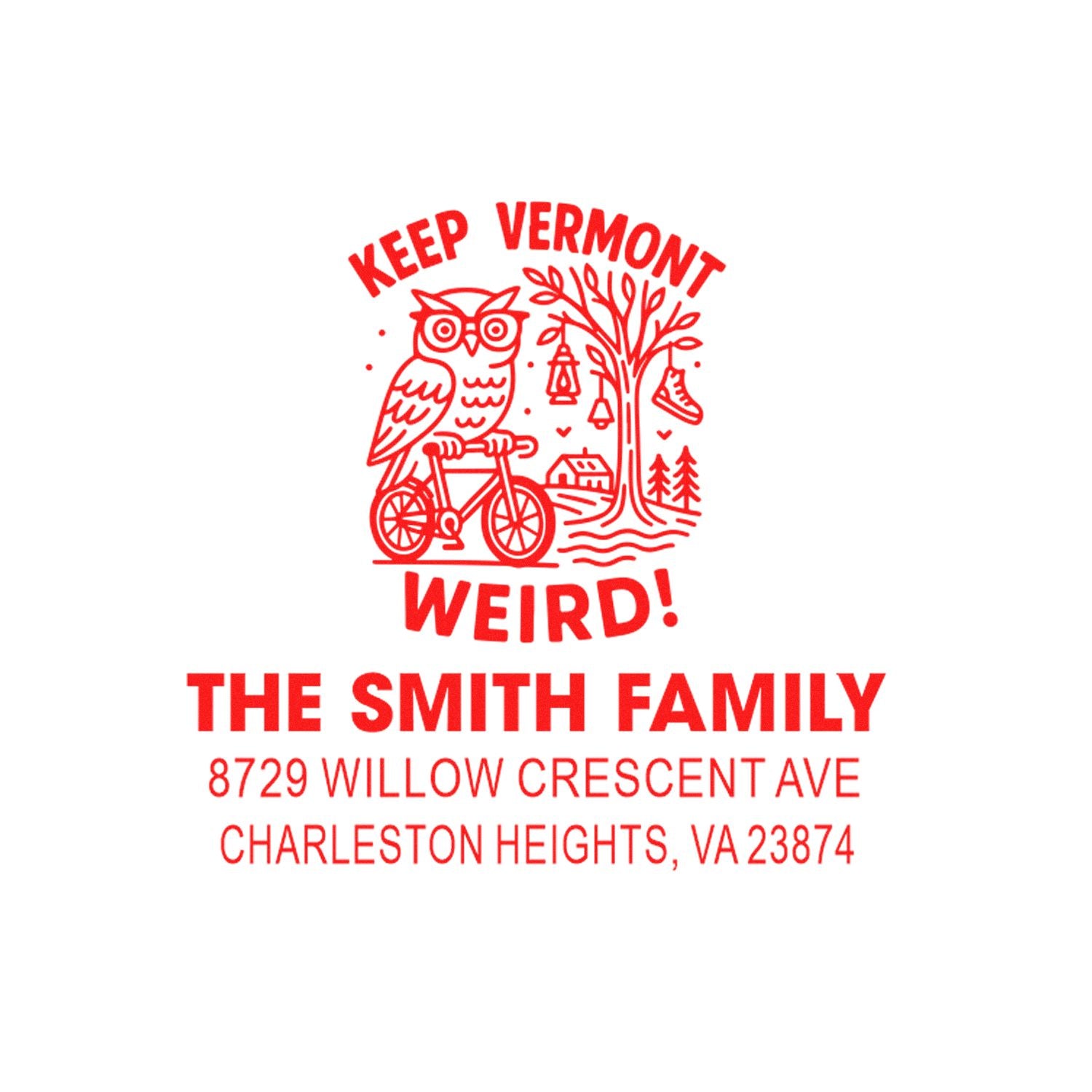 Personalized rubber address stamp for The Smith Family featuring a Keep Vermont Weird owl design and return address.
