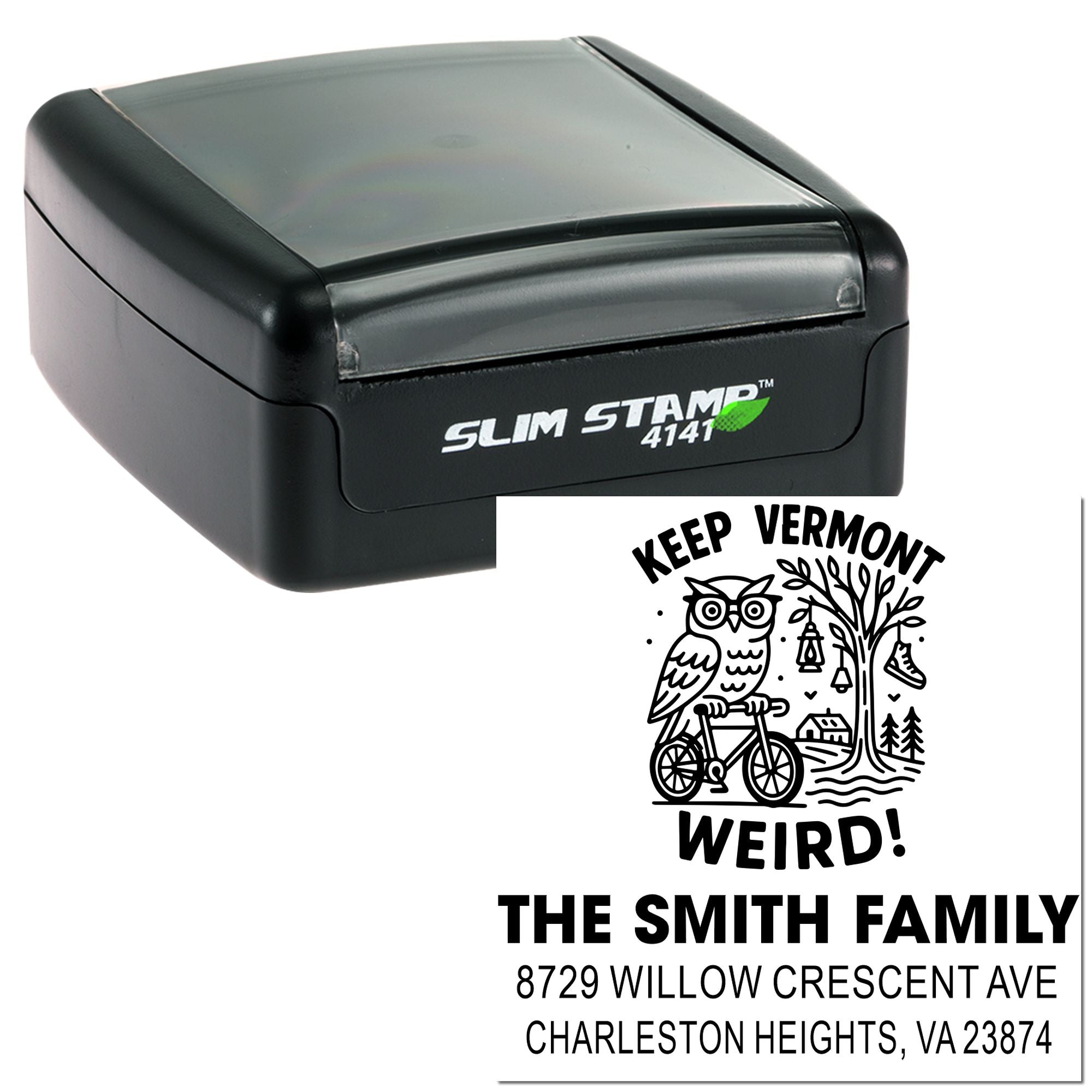 Whimsical Vermont Owl Slim Pre-Inked Rubber Stamp, 1-5/8" Square