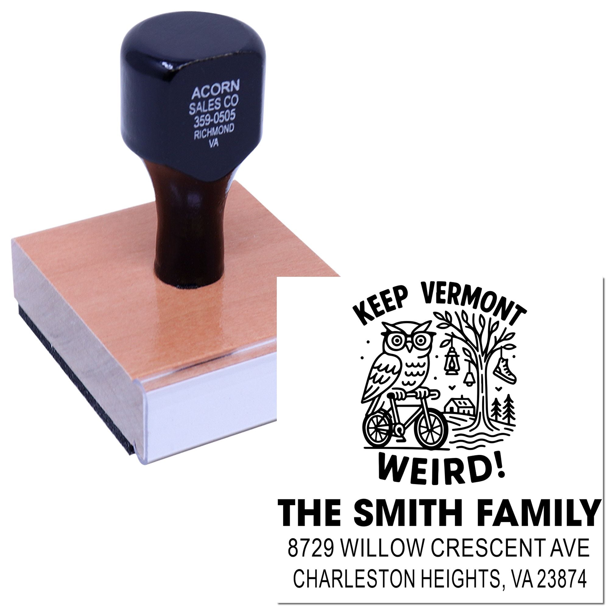 Custom self-inking rubber address stamp with family name, address and illustrated design for personalized mail.