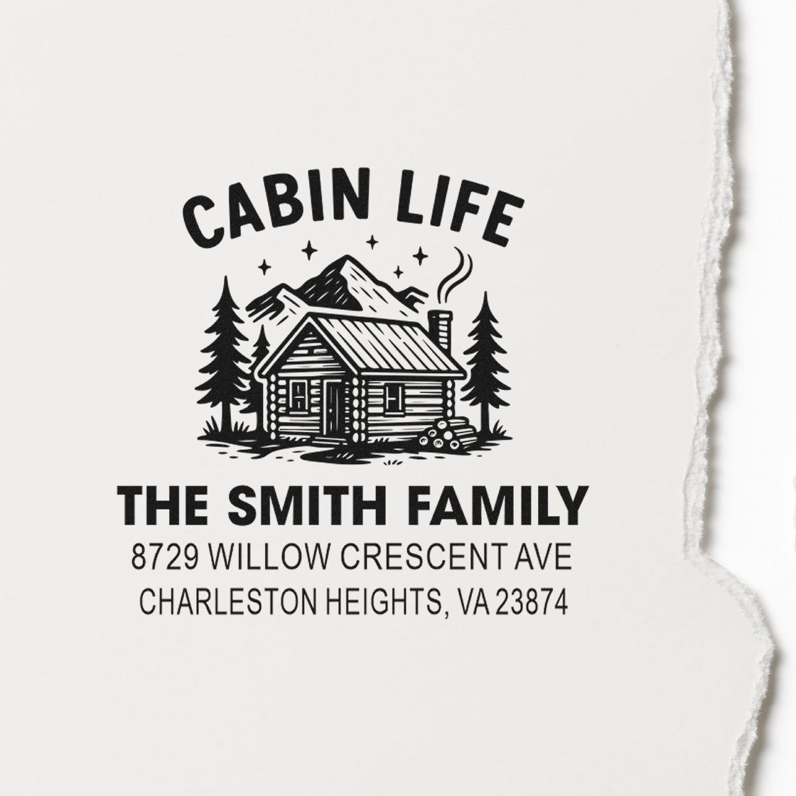 Custom cabin life return address rubber stamp for The Smith Family with cabin illustration and Charleston Heights, VA address.