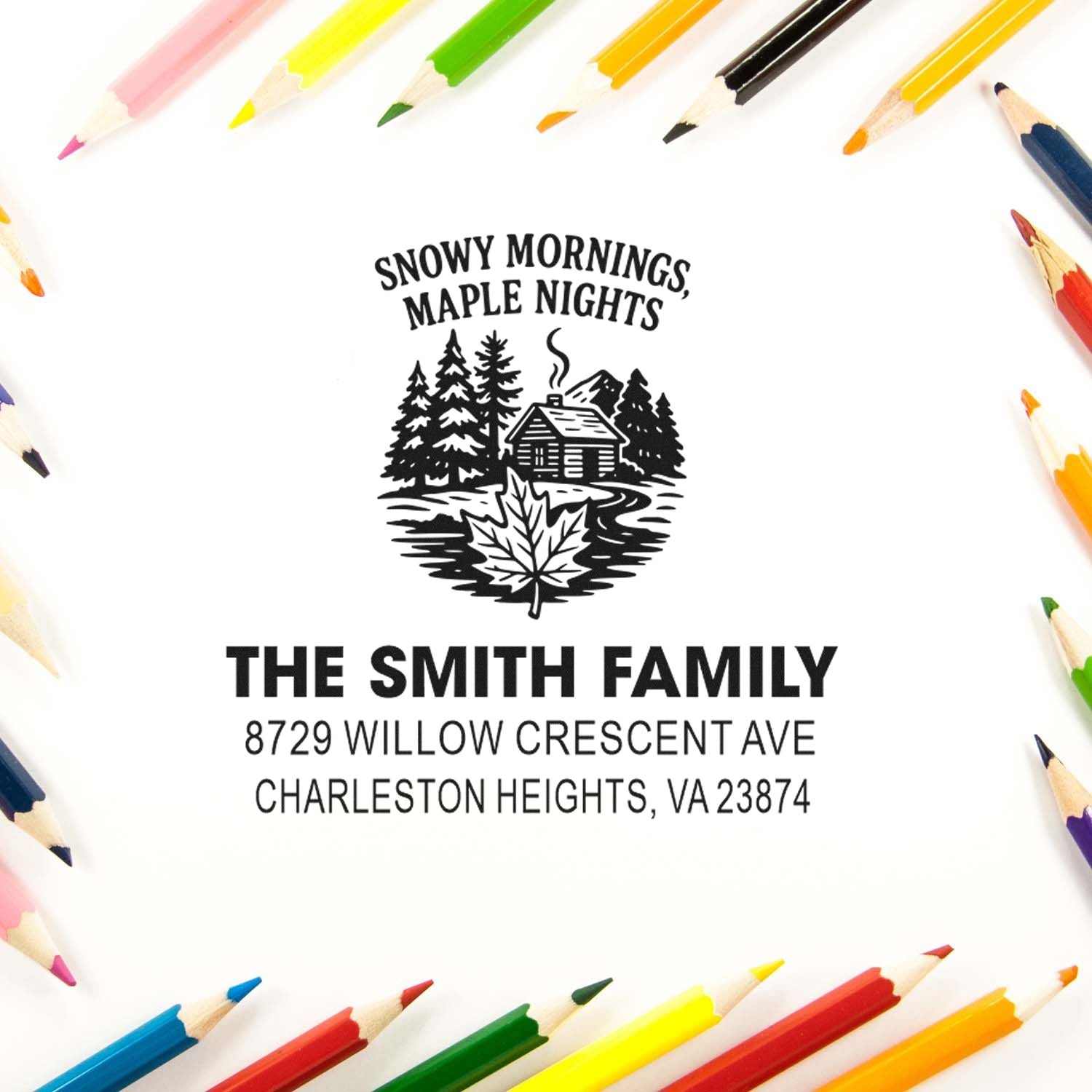 Custom rubber return address stamp with cabin and maple leaf design, personalized for The Smith Family, Charleston Heights, VA.