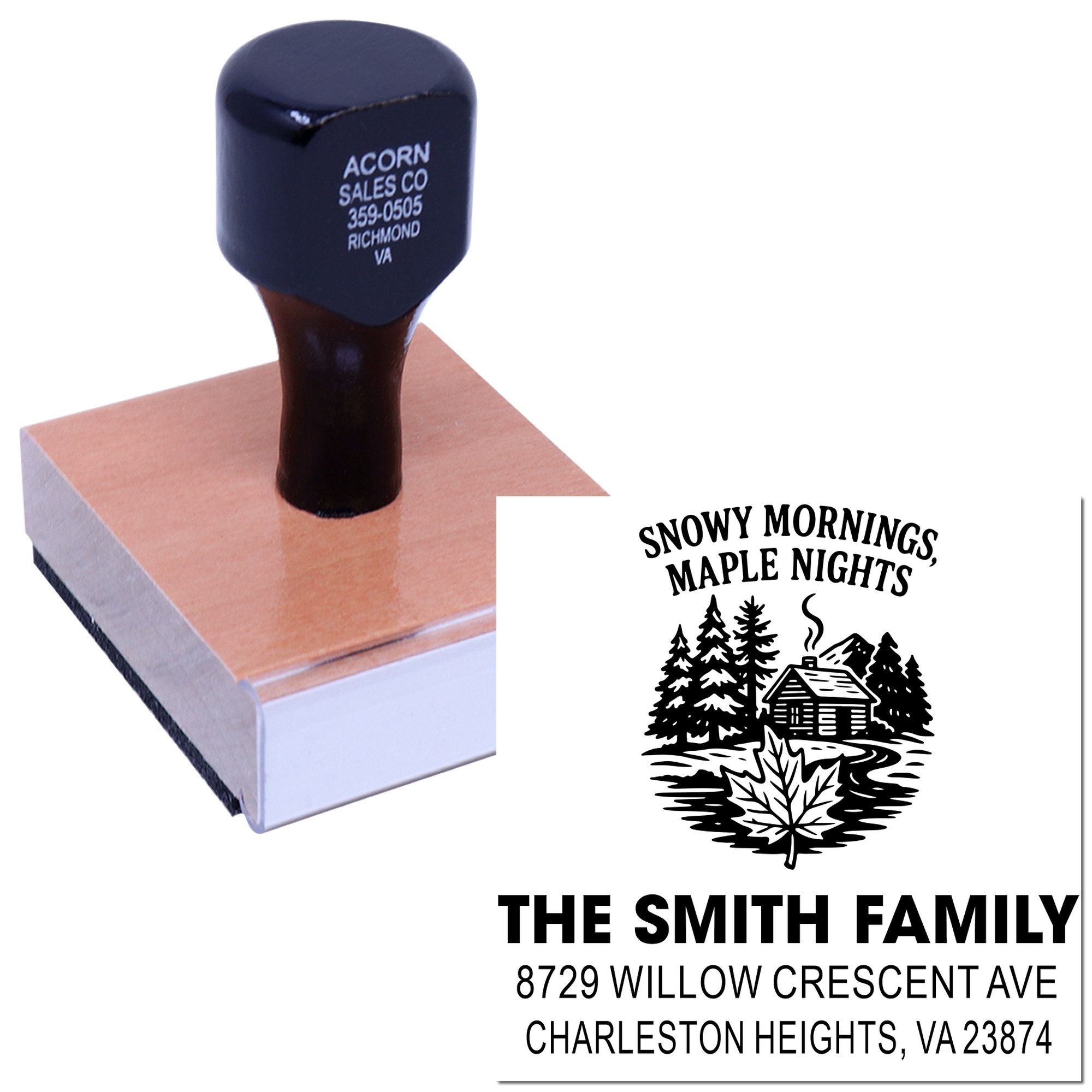 Custom rubber address stamp with family cabin design, featuring The Smith Family name and full mailing address.