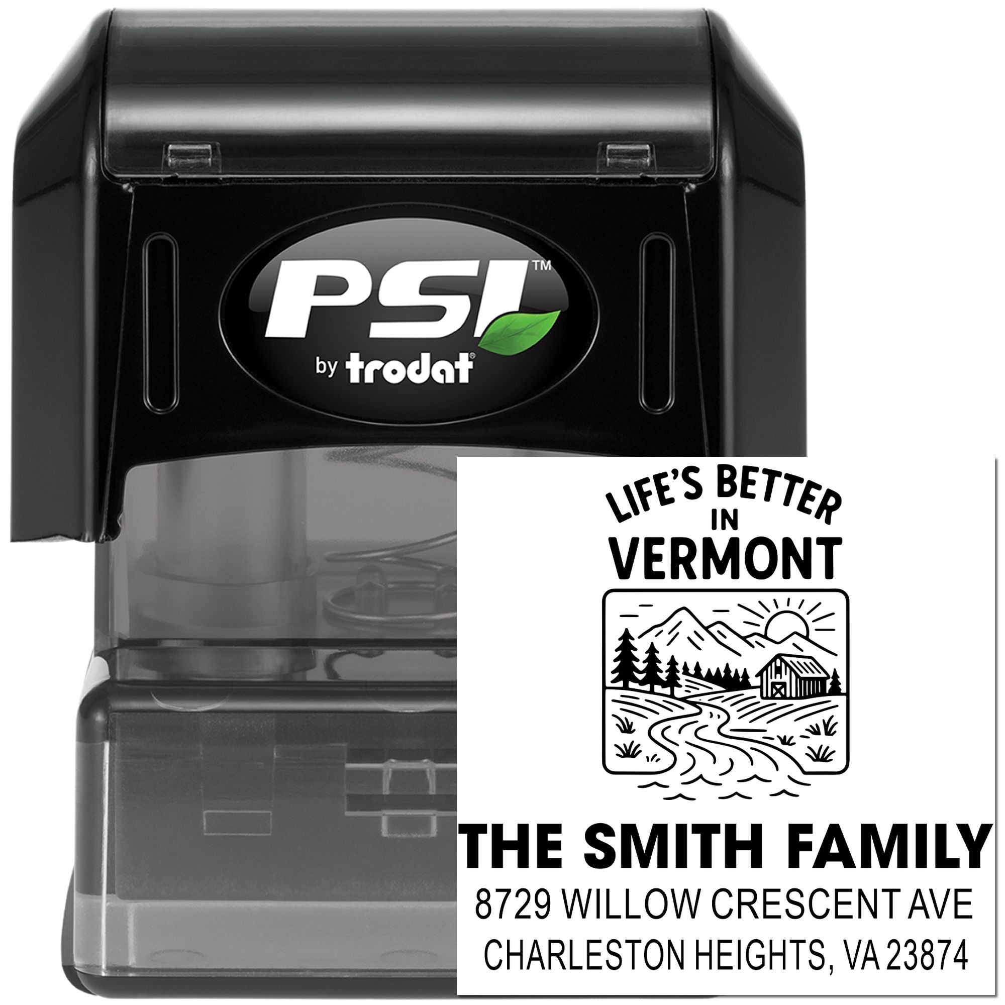 PSI by Trodat self-inking address stamp with Vermont scenic design and The Smith Family return address on a black stamp, shown on white background.