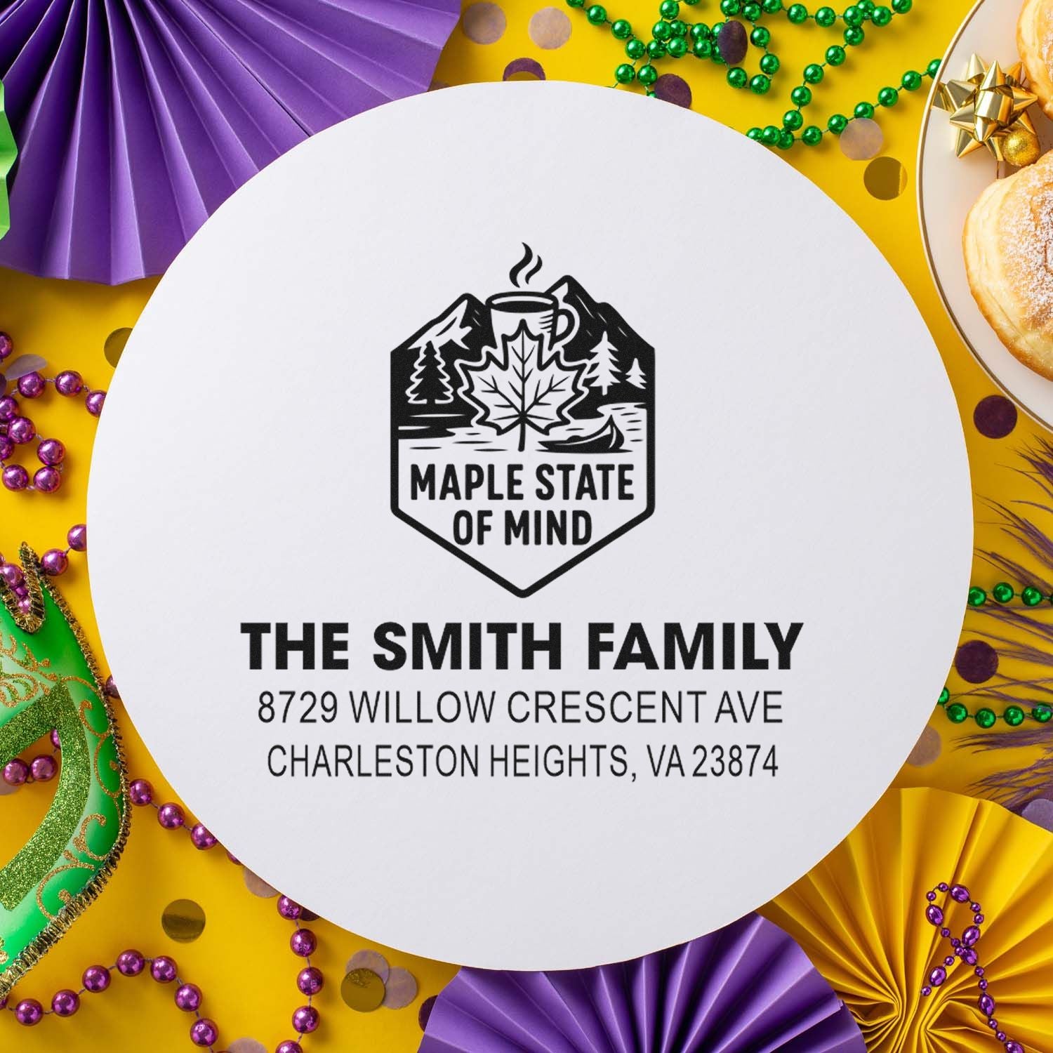 Custom return address rubber stamp with Maple State of Mind logo for The Smith Family, Charleston Heights, VA.