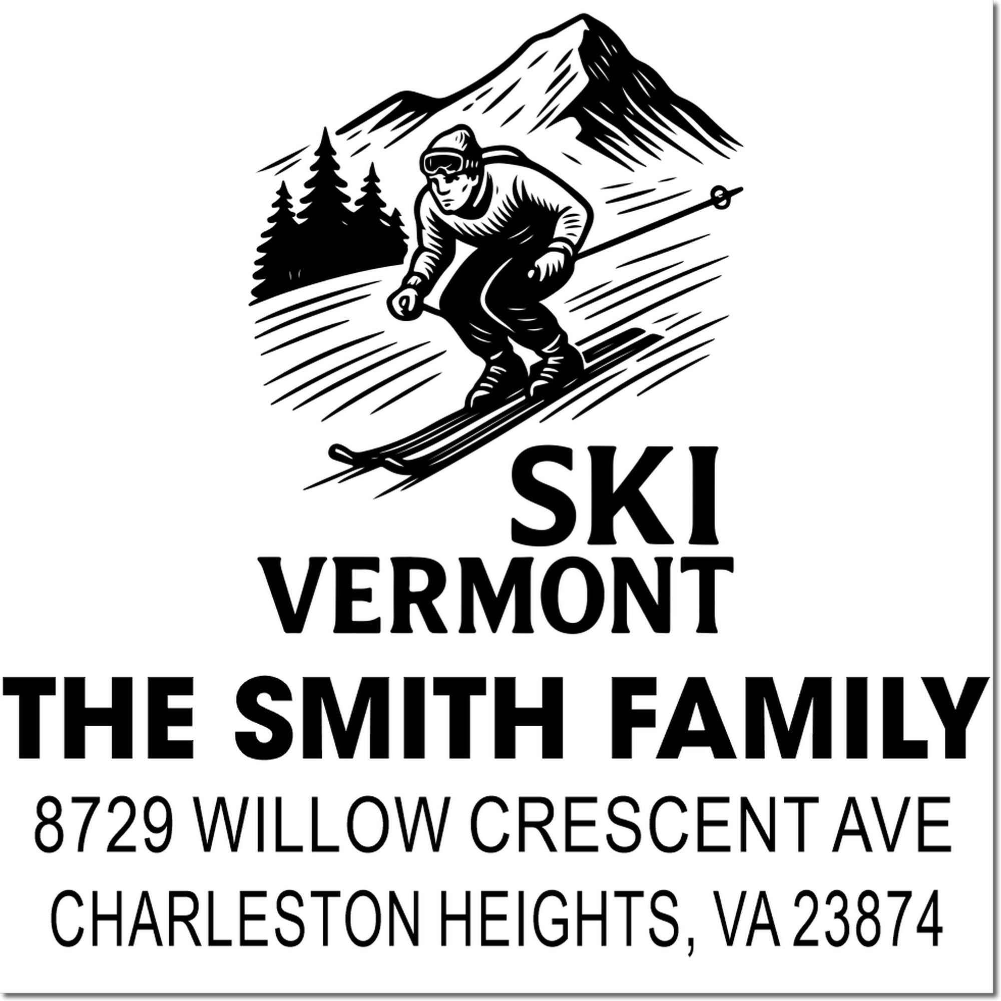 Custom ski Vermont return address stamp with skier and mountain graphic for The Smith Family, 8729 Willow Crescent Ave, Charleston Heights, VA 23874