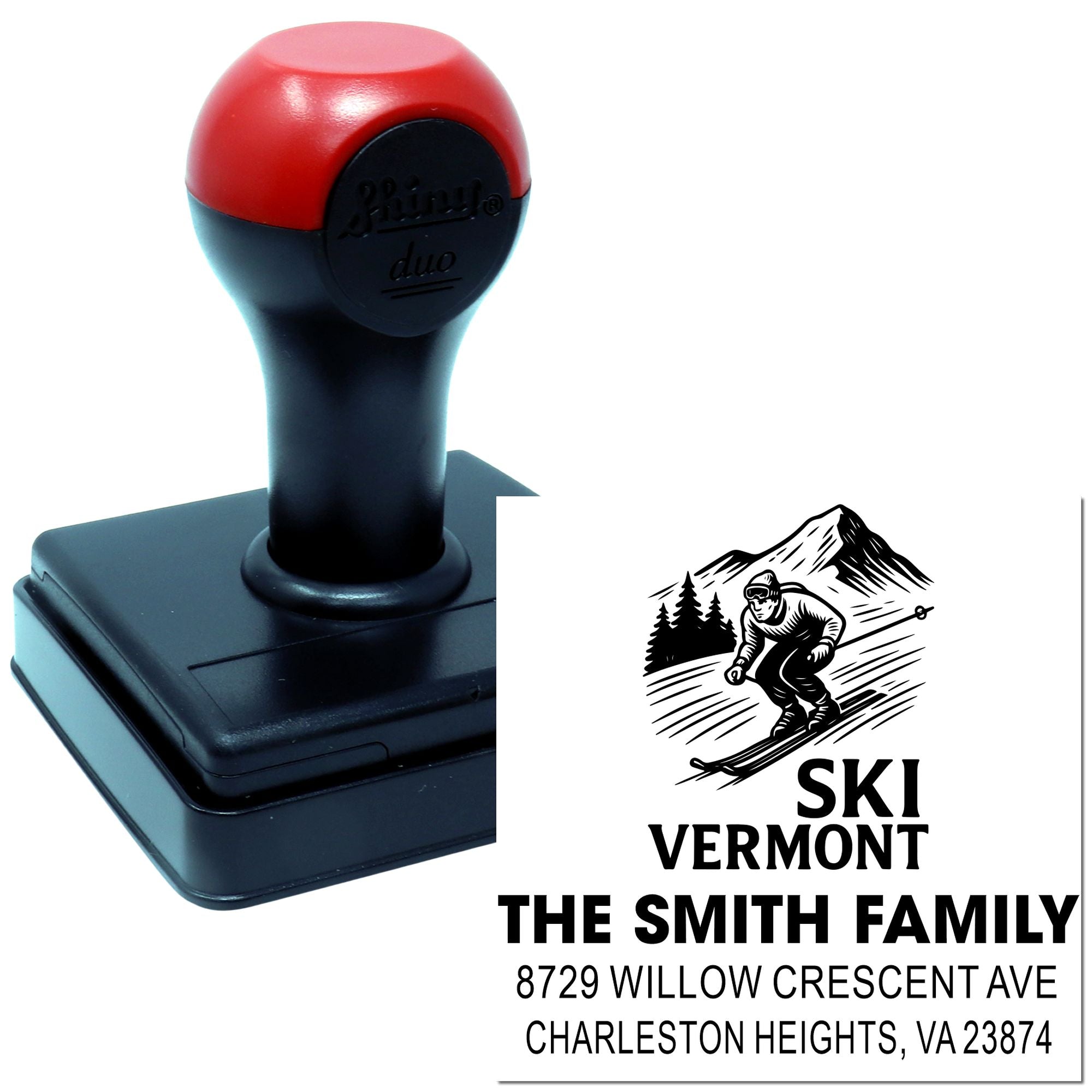 Self-inking custom address stamp with skier logo, Ski Vermont, The Smith Family and Virginia address on white background.