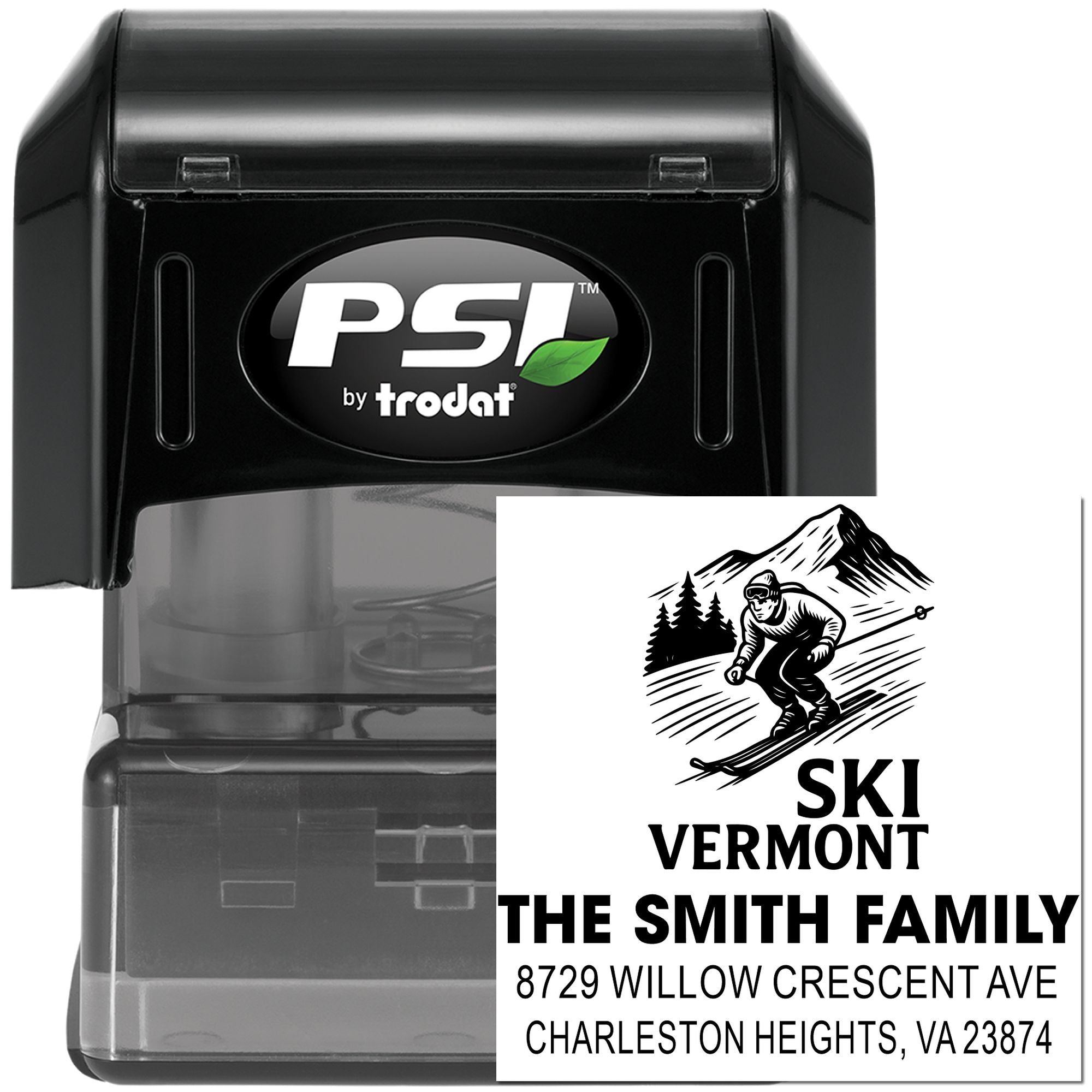 Custom self-inking rubber stamp with Ski Vermont return address design, ideal for envelopes, mailing labels, and family correspondence.