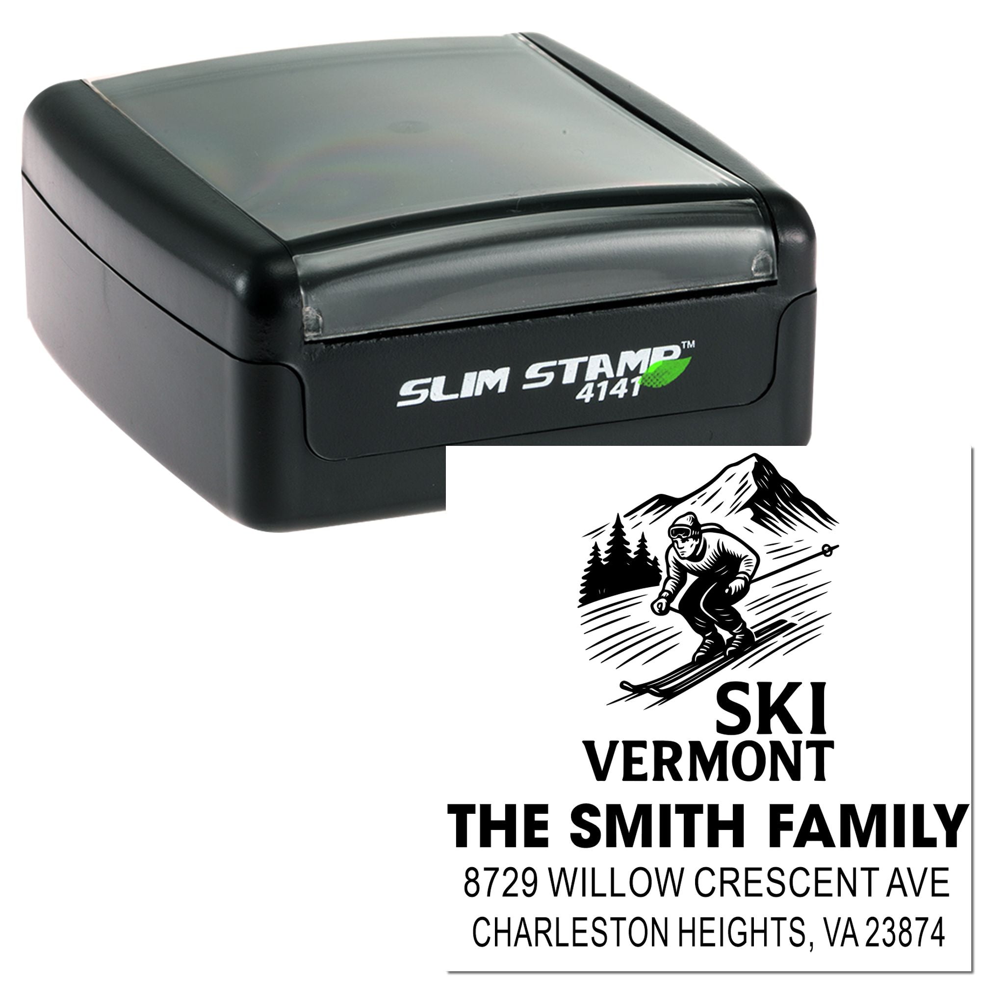 Self-inking Ski Vermont return address stamp with skier logo, featuring The Smith Family name and Charleston Heights, VA address.