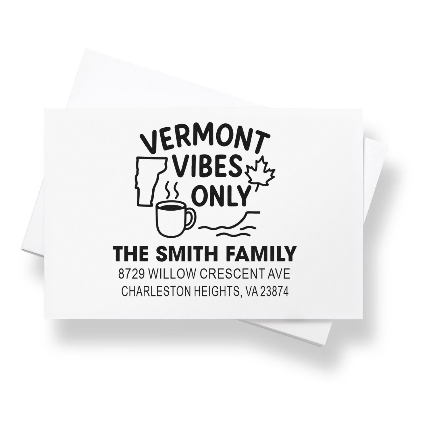 Personalized Vermont Vibes Only family return address rubber stamp with custom name and address.