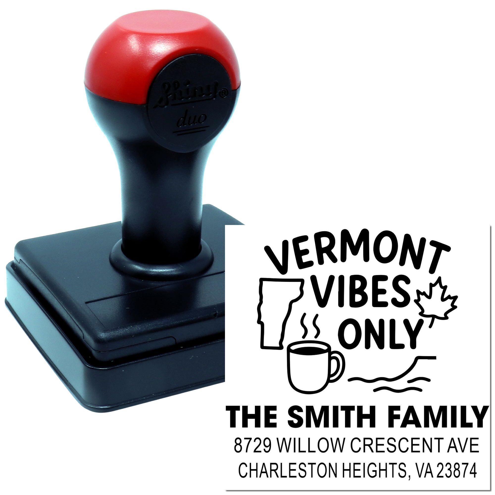 Custom self-inking rubber stamp with Vermont Vibes Only family return address design and state icons.
