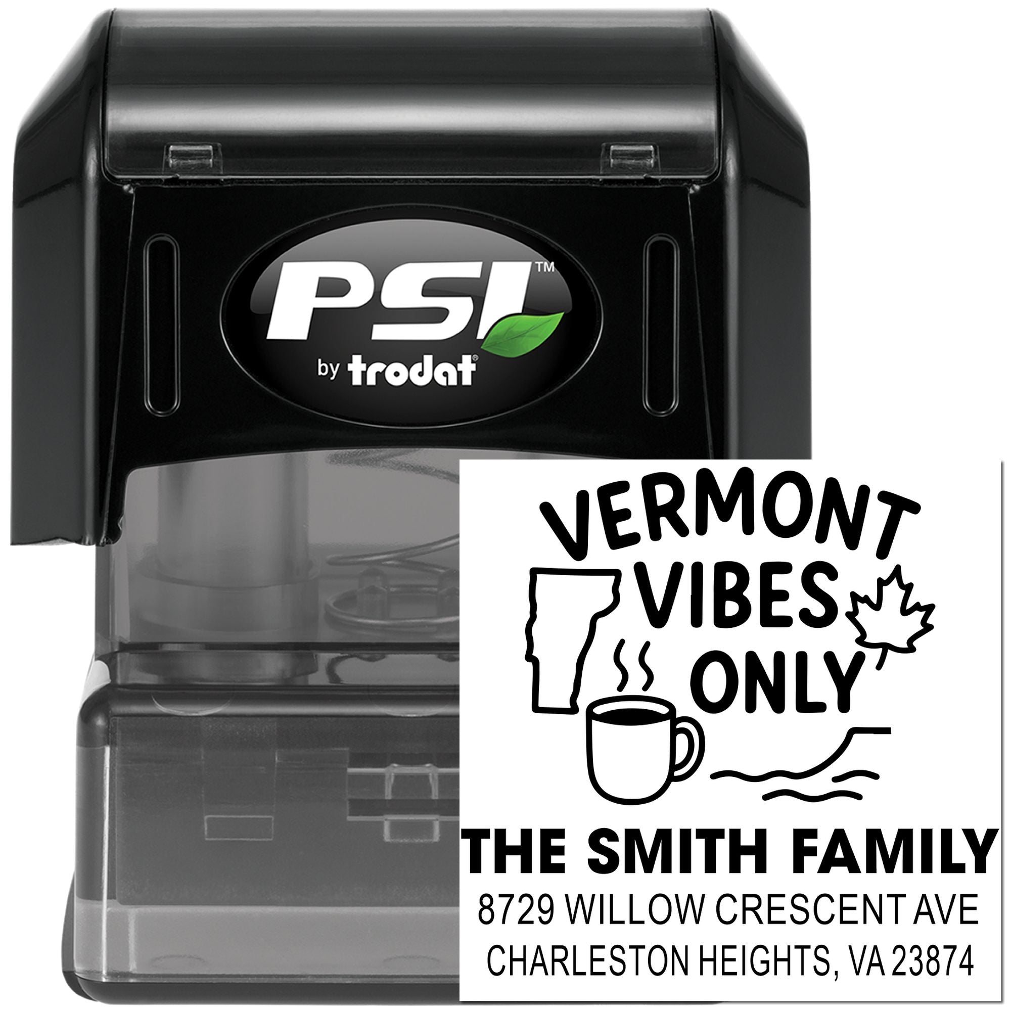 PSI by Trodat self-inking address stamp with Vermont Vibes Only design, The Smith Family name, and address on a white background.