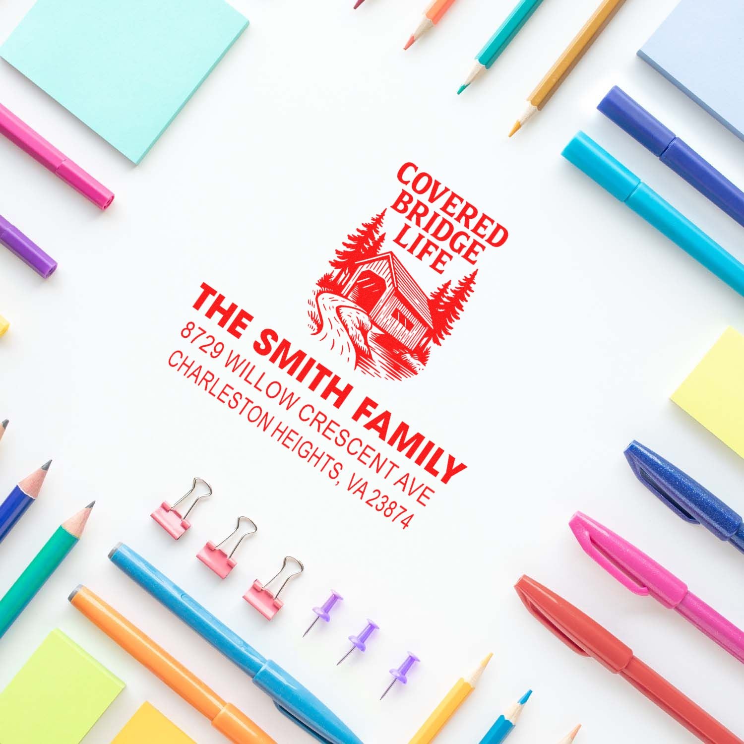 Custom rubber address stamp for The Smith Family, featuring a cabin logo and return address for personalized mail.
