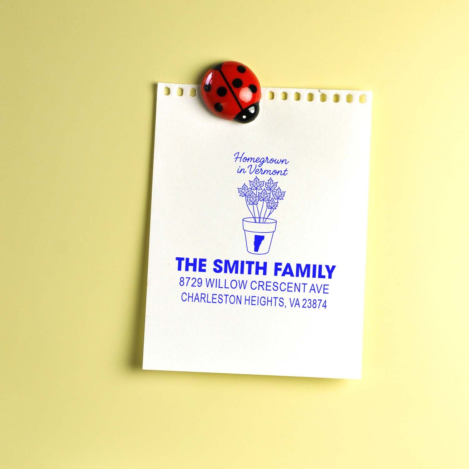 Custom address stamp for The Smith Family with Homegrown in Vermont plant design, clipped to white paper by a red ladybug on a yellow background.