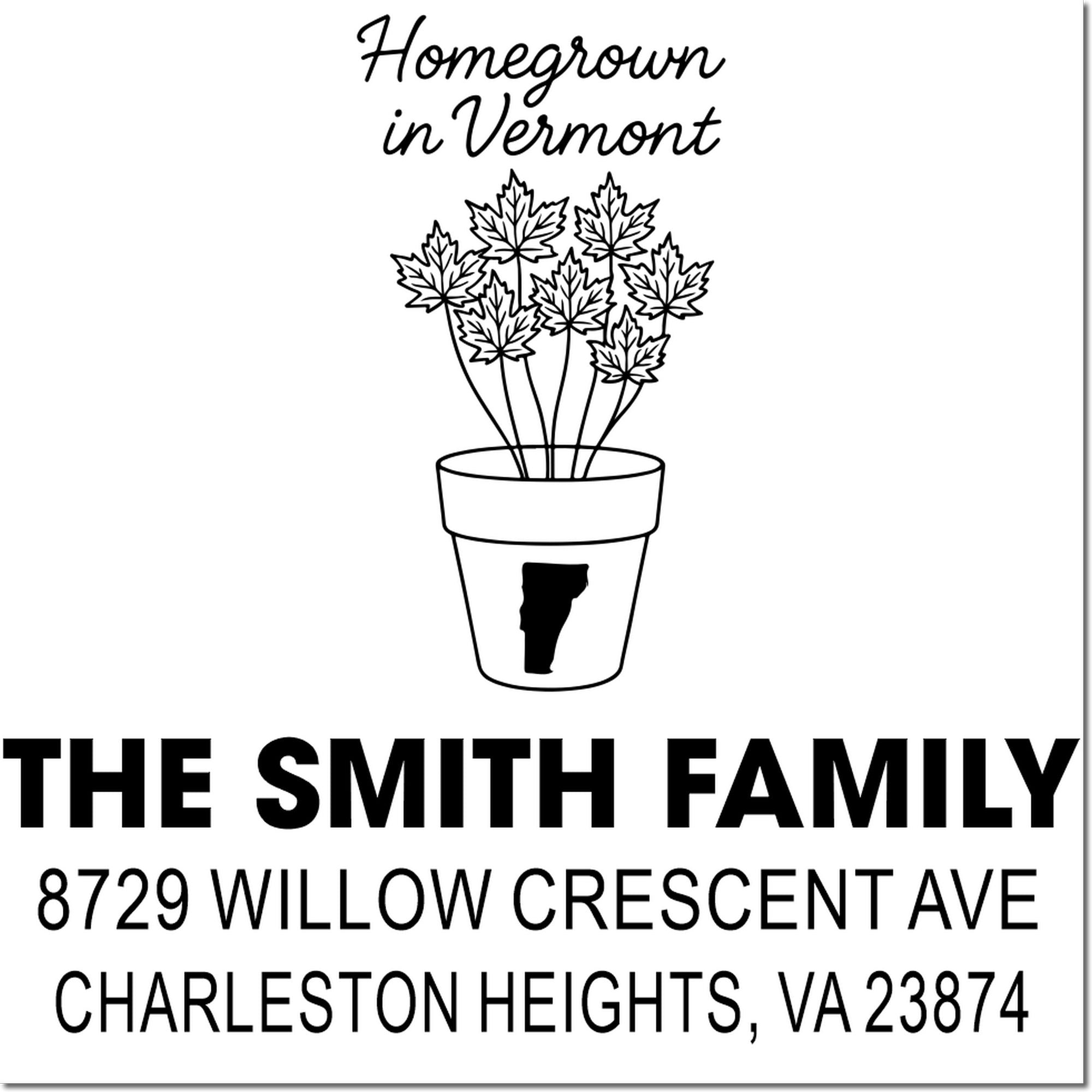 Personalized return address rubber stamp with Vermont plant design, The Smith Family, and Charleston Heights address.