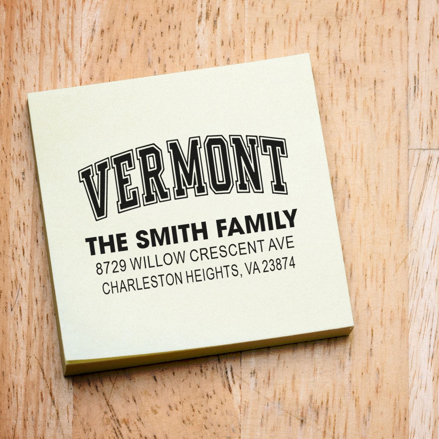 Personalized Vermont return address rubber stamp for The Smith Family with custom mailing address.