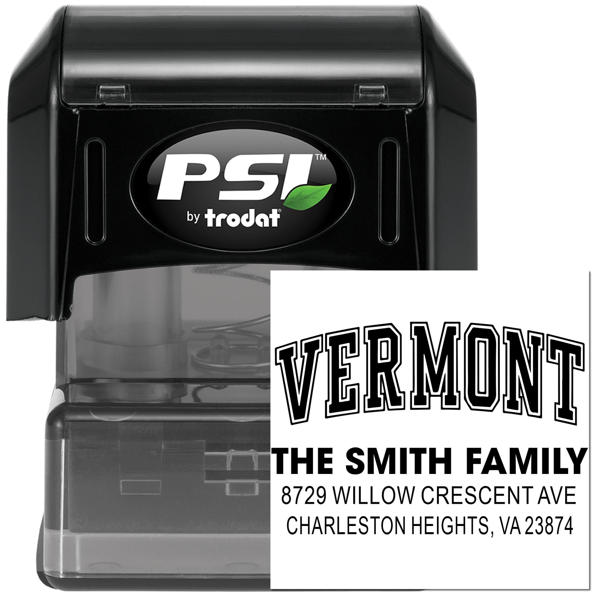 PSI by Trodat self-inking address stamp with Vermont imprint sample for The Smith Family, shown in a black case on white background.