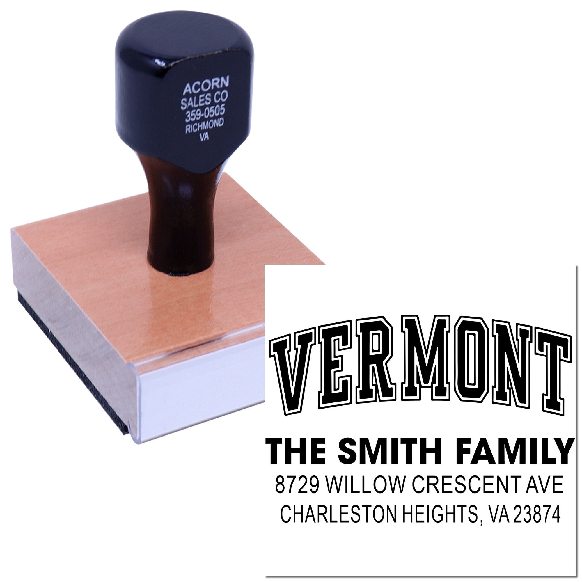 Custom Vermont address stamp with wooden handle and sample return address imprint for The Smith Family on a white background.