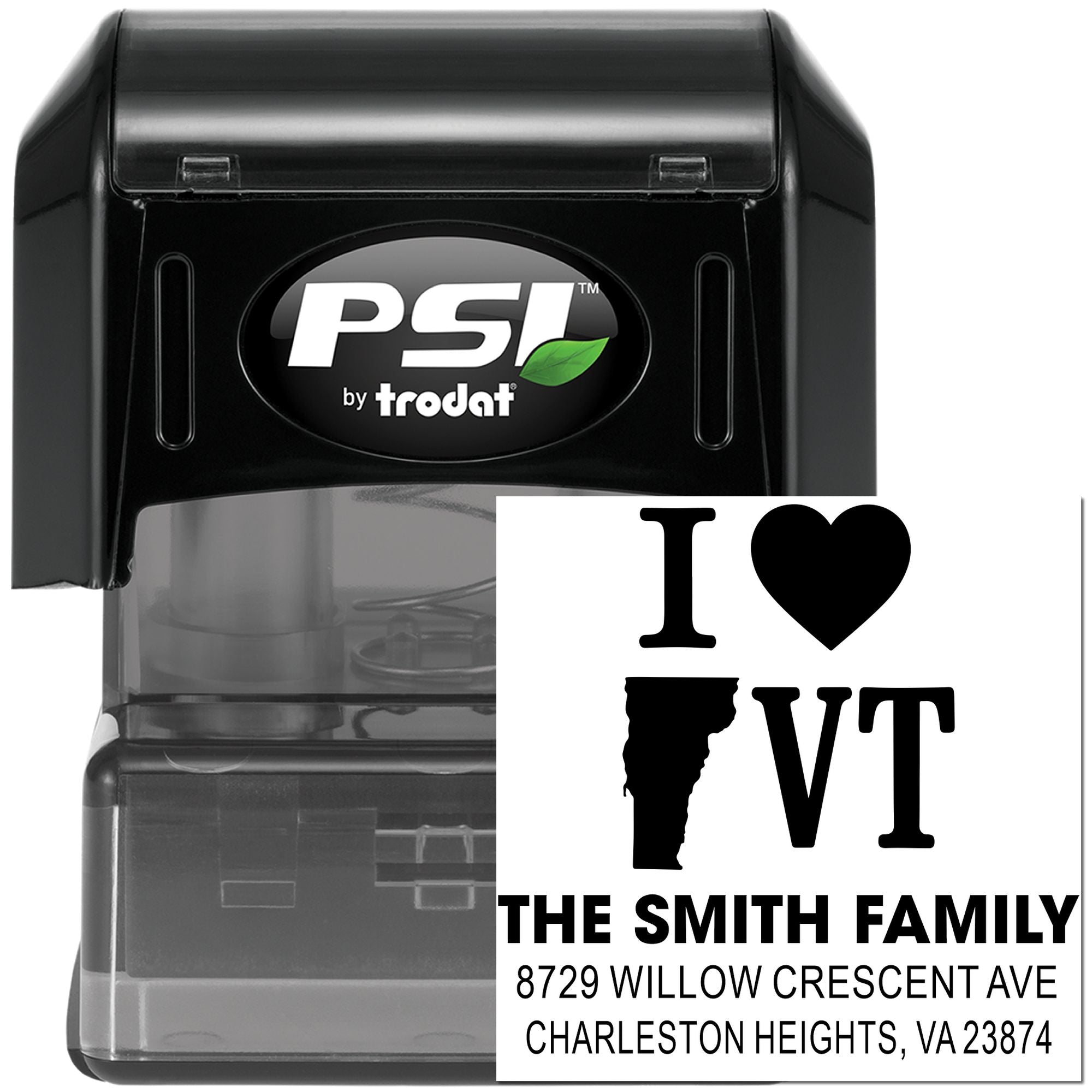 Personalized self-inking rubber stamp with I love VT design and Smith family return address, PSI by Trodat.