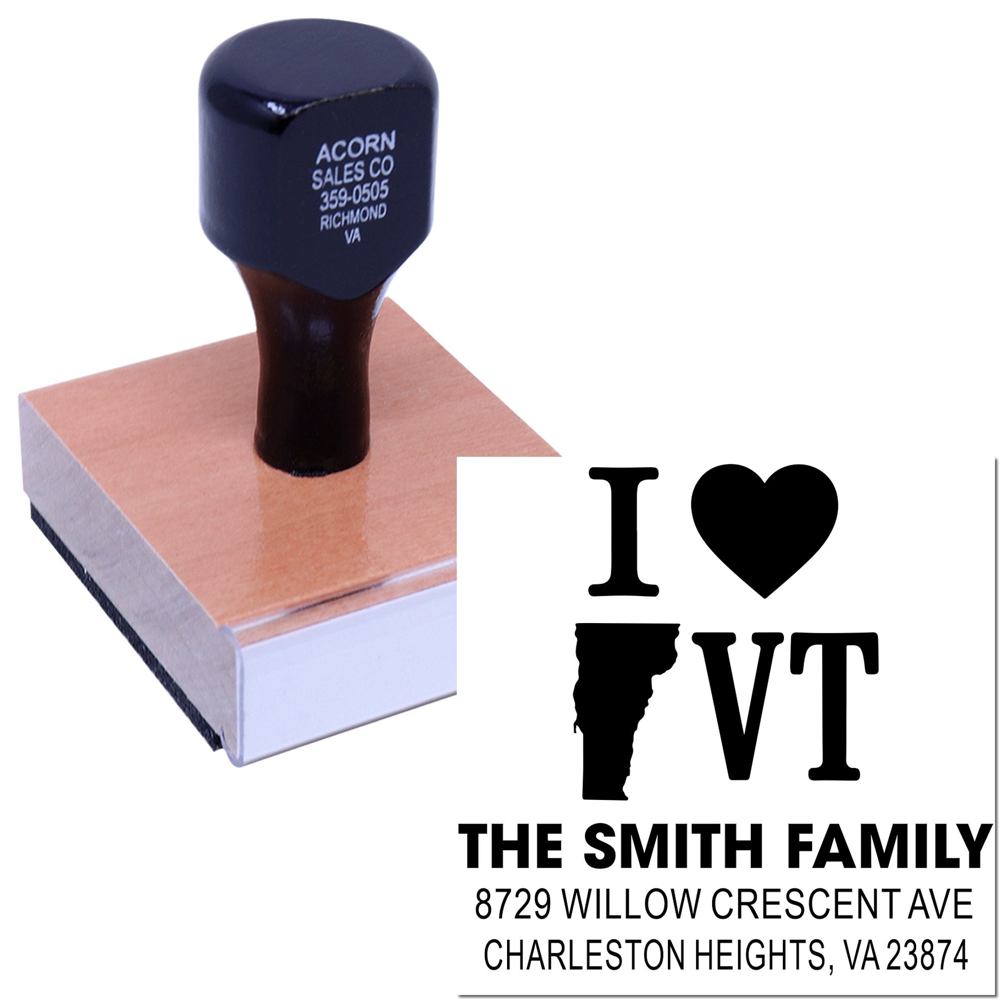 Custom self-inking address stamp on block, showing I ? VT and The Smith Family return address design on a white background.
