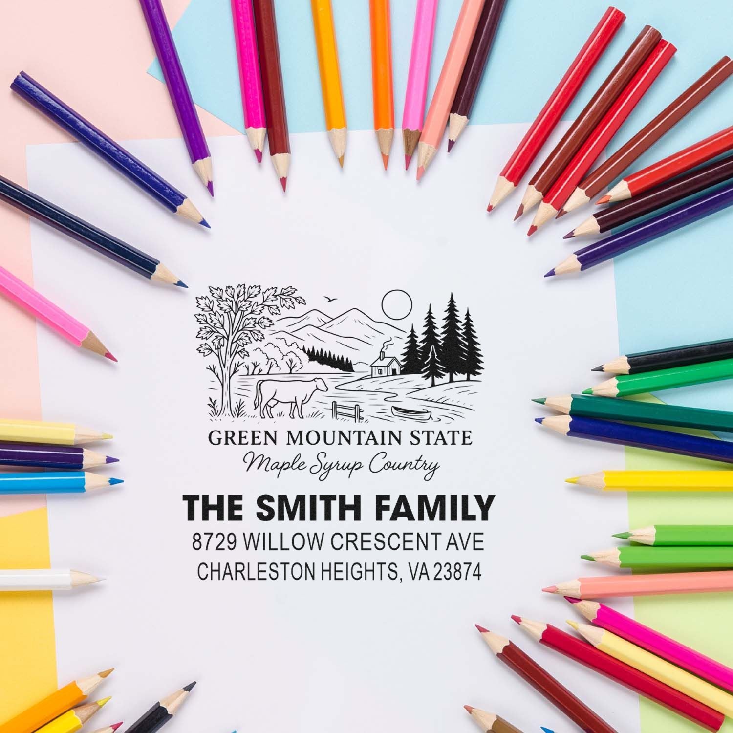 Personalized family address rubber stamp with Green Mountain State design for envelopes, stationery, and gifts.