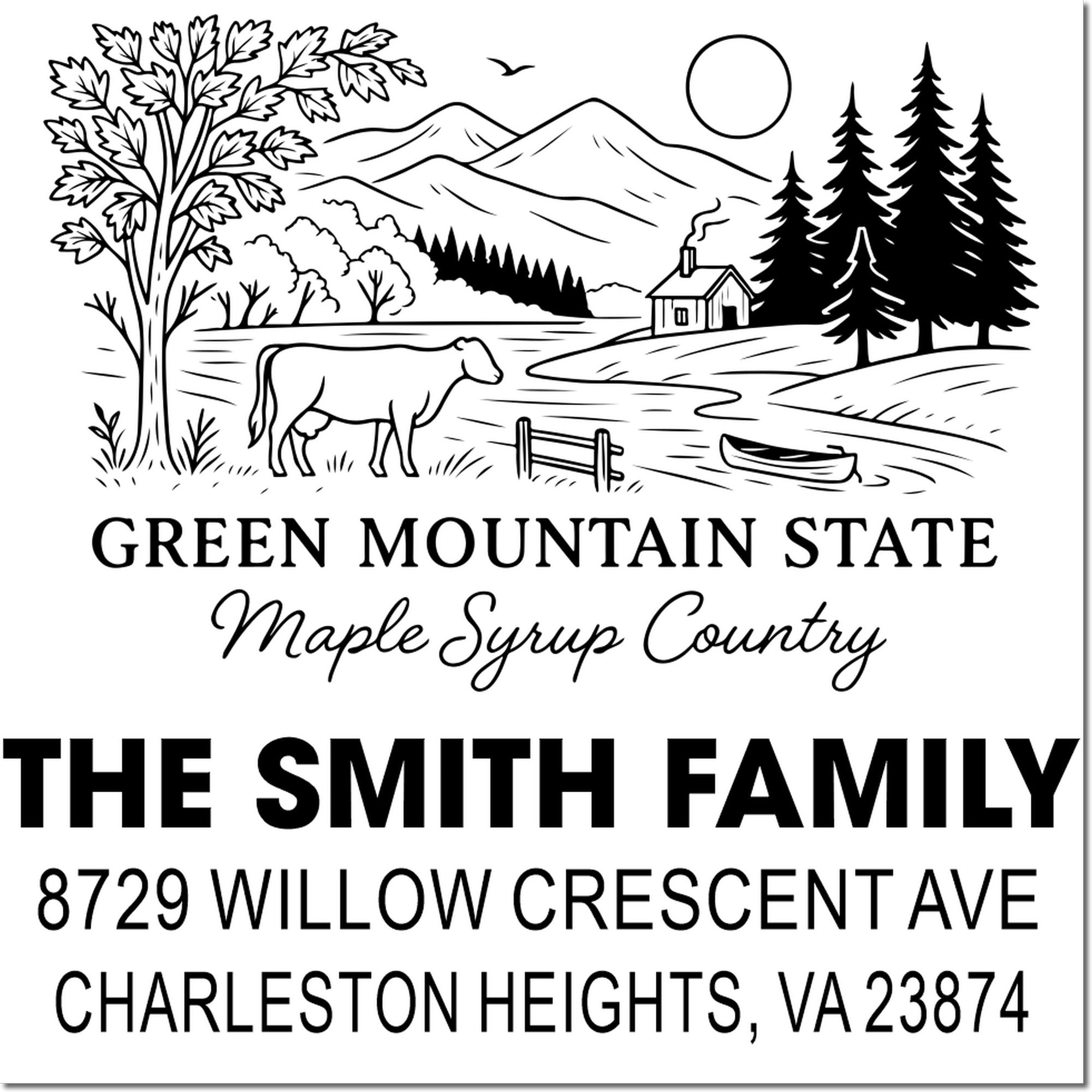 Custom rubber address stamp with Vermont maple syrup country scene, family name, street address, city, state and ZIP.