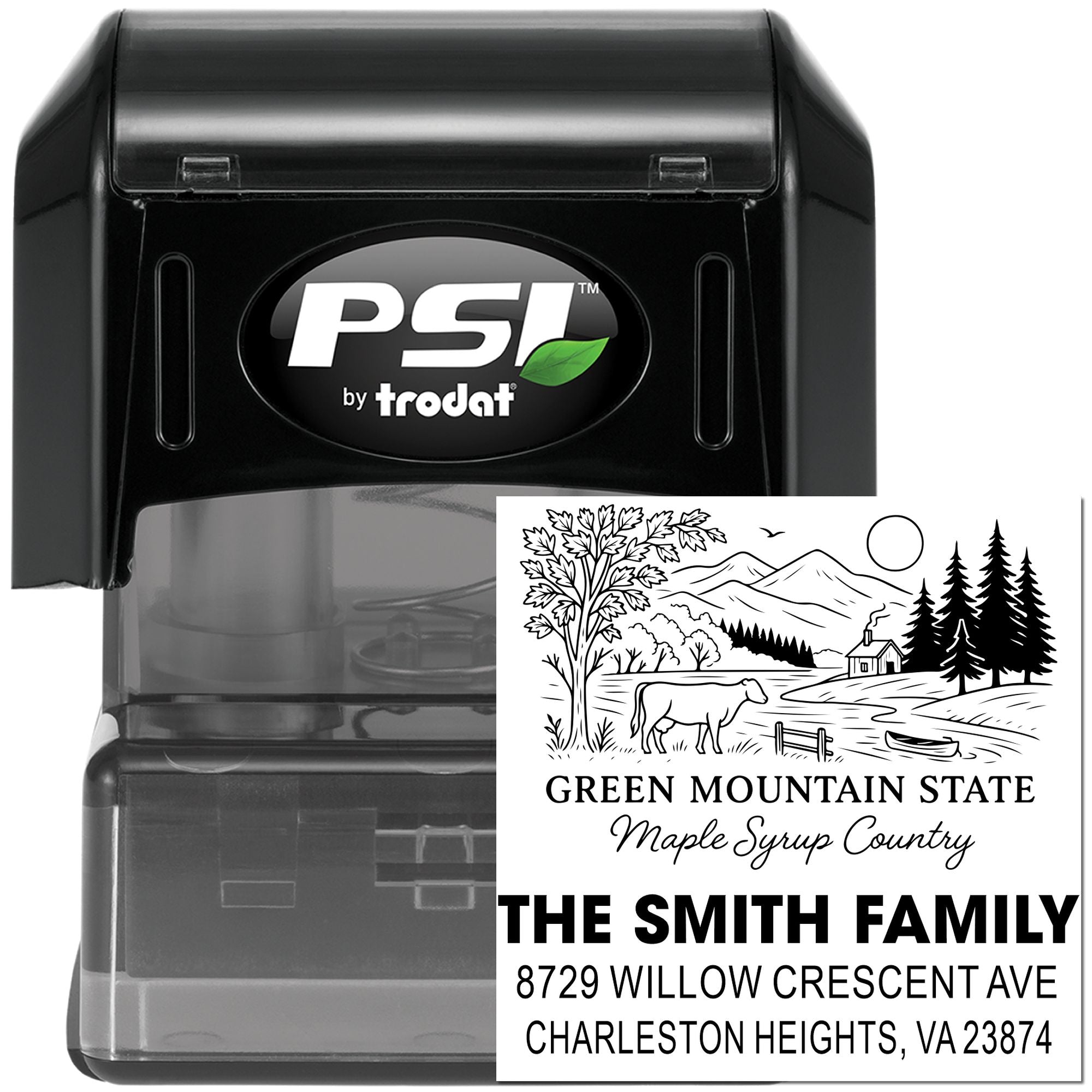 PSI by Trodat self-inking custom address stamp with Green Mountain State family return address design
