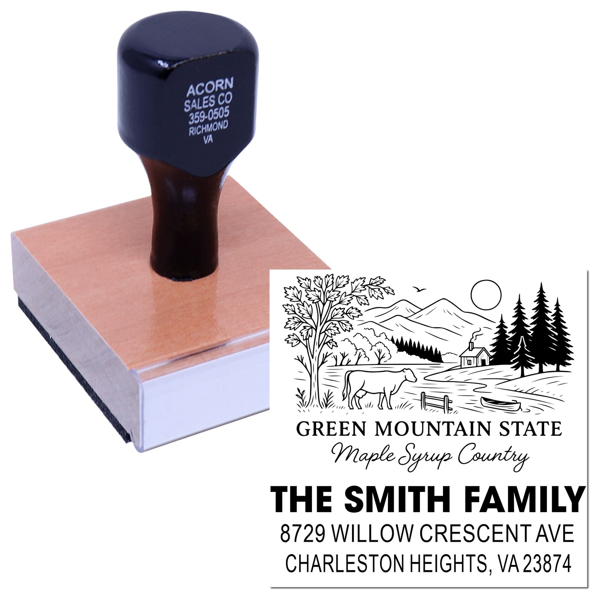 Custom rubber address stamp with scenic family logo and return address imprint for envelopes and mailings