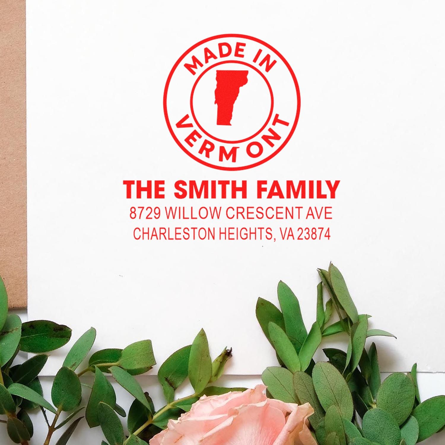Custom Made in Vermont rubber stamp with Smith family return address for personalized stationery and wedding invitations