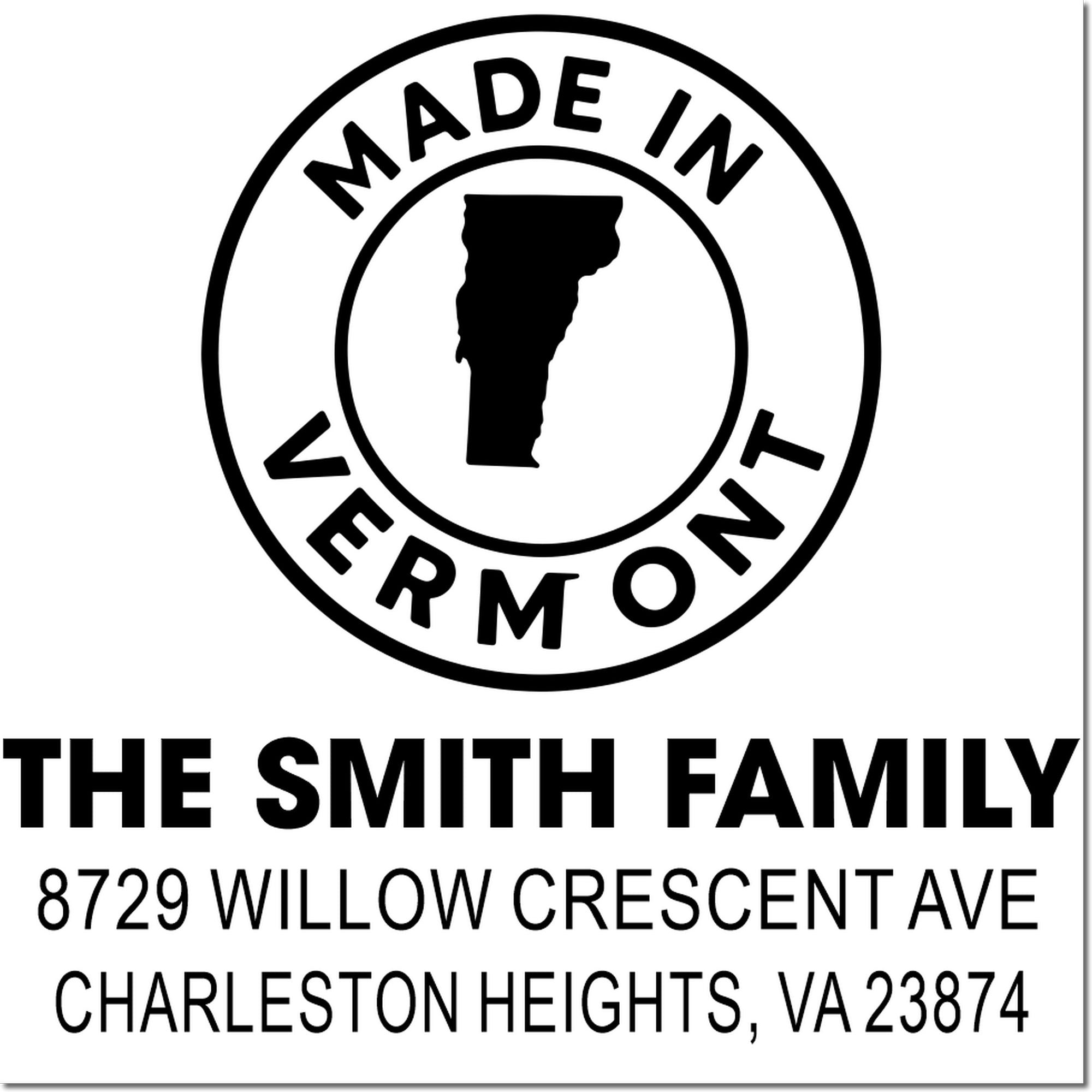 Custom return address rubber stamp for The Smith Family, 8729 Willow Crescent Ave, Charleston Heights, VA 23874, Made in Vermont