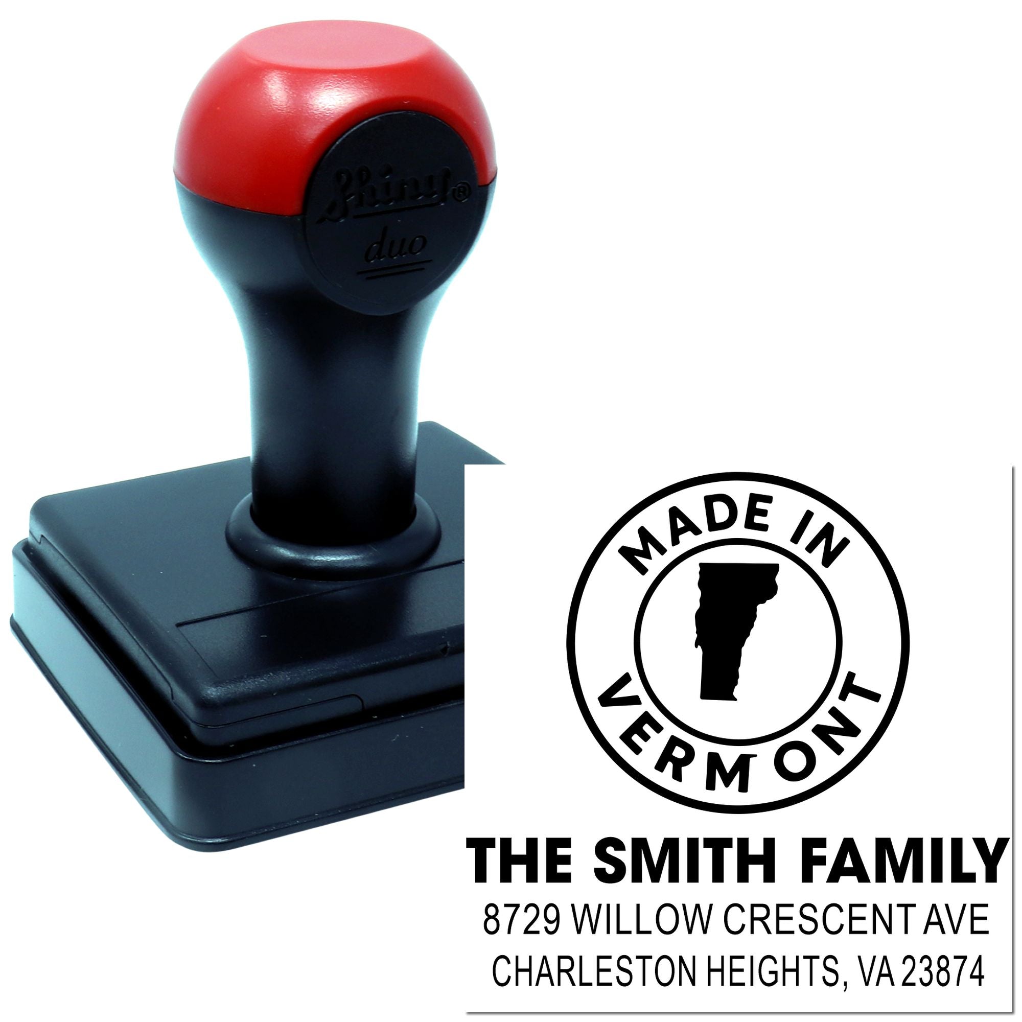 Custom self-inking rubber stamp with Made in Vermont seal and The Smith Family address imprint.