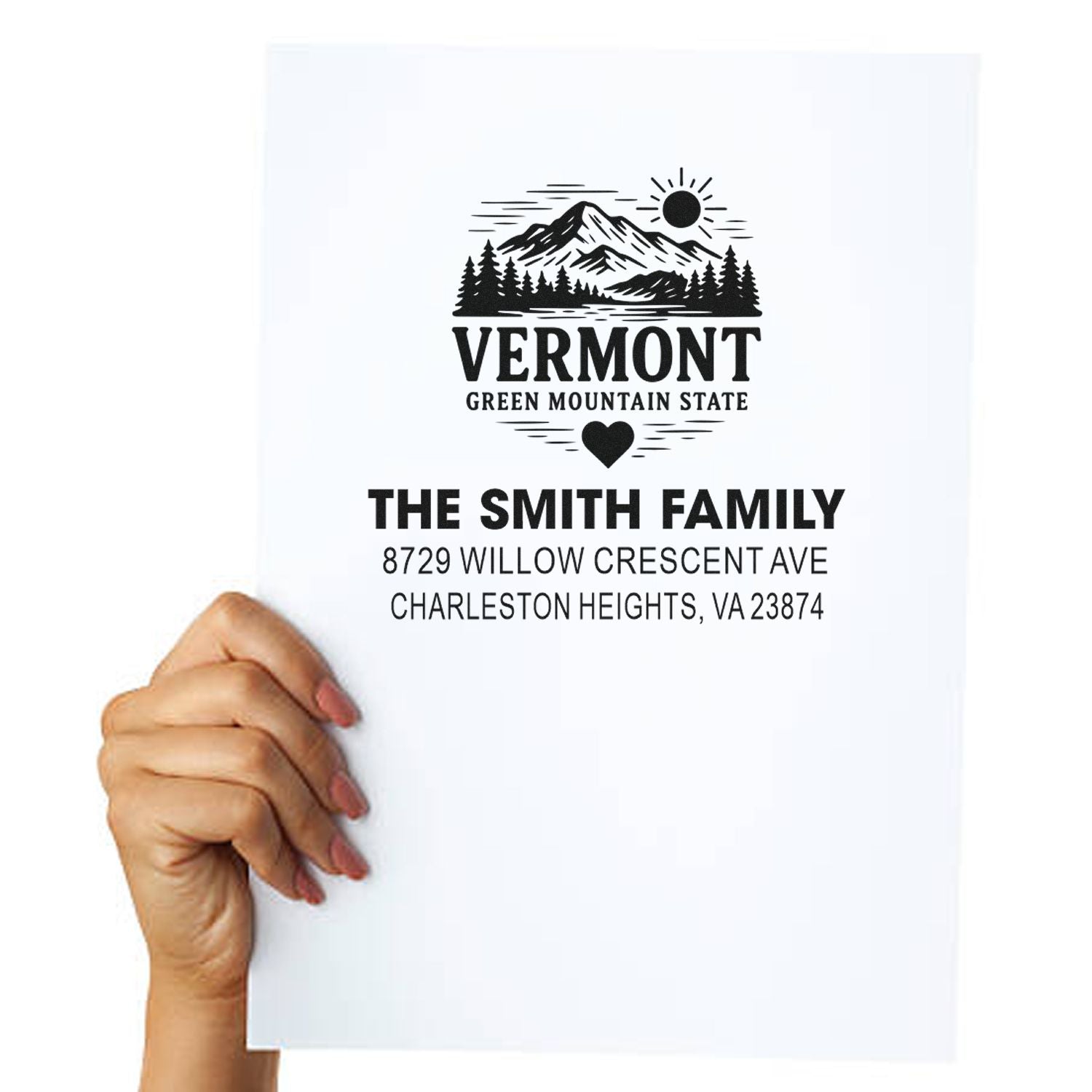 Custom family return address rubber stamp with Vermont mountain logo for The Smith Family, Charleston Heights, VA.