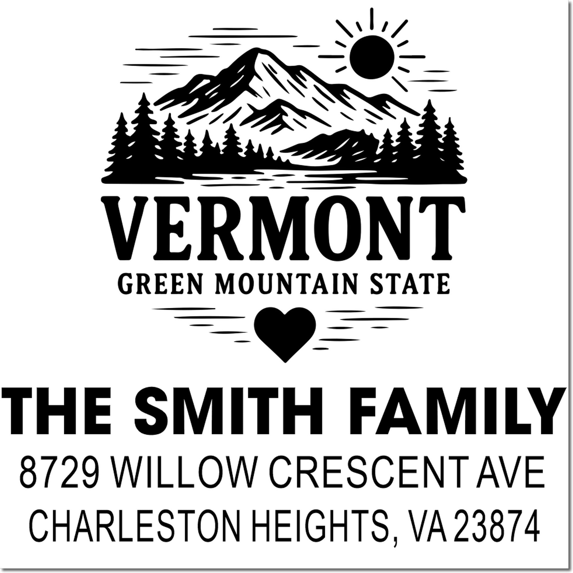 Custom family return address rubber stamp with Vermont mountain graphic, heart icon, and The Smith Family address.
