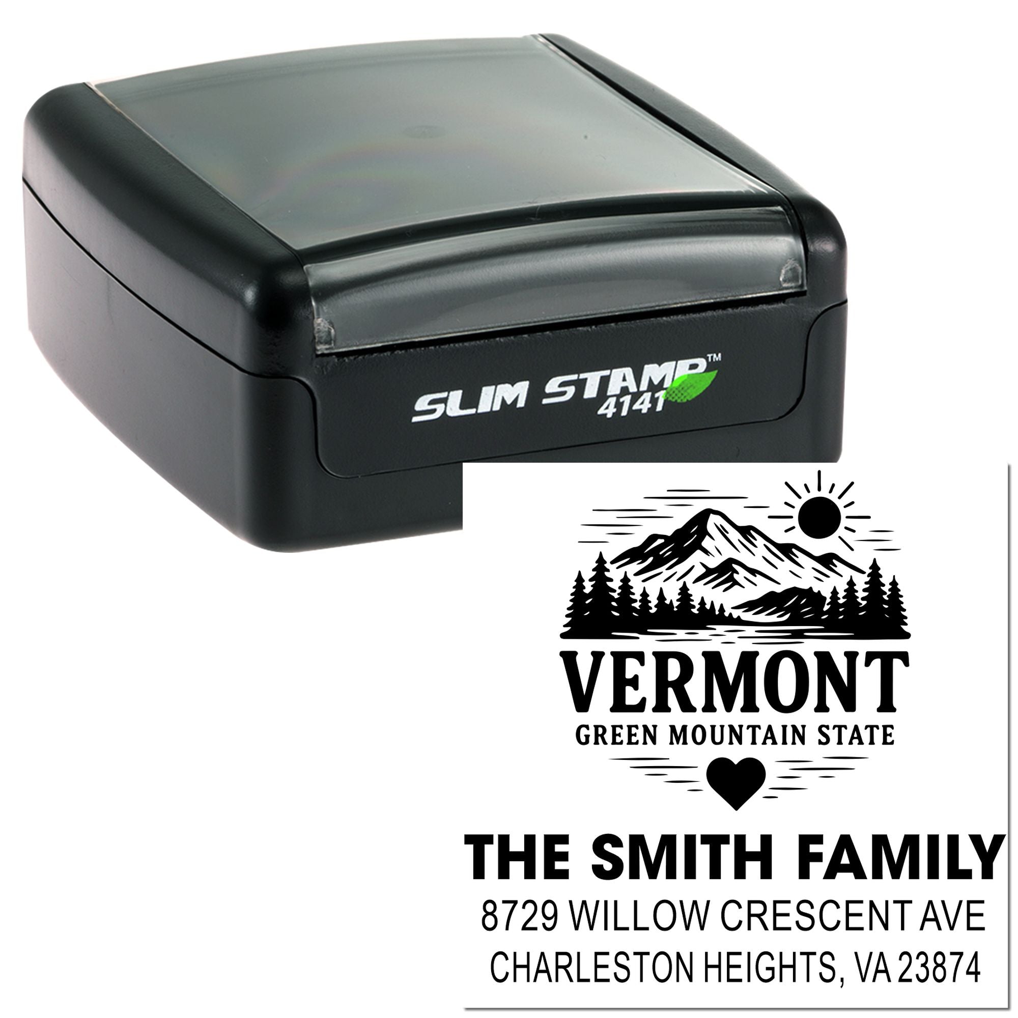 Self-inking Slim Stamp 4141 with Vermont mountain design and custom family address imprint for mailing and branding.