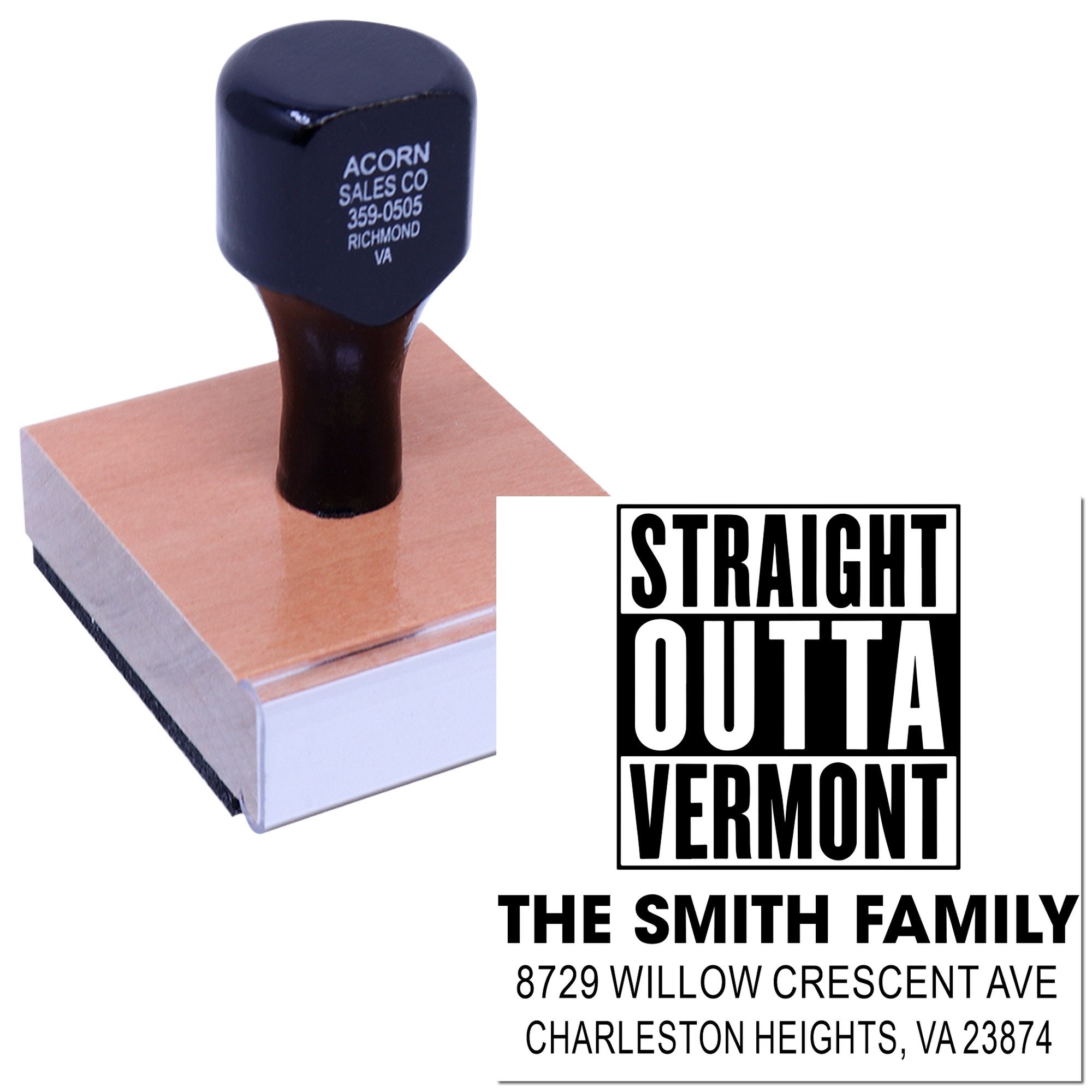 Custom self-inking address stamp with Straight Outta Vermont design, shown with rubber stamp and sample imprint on a white background.