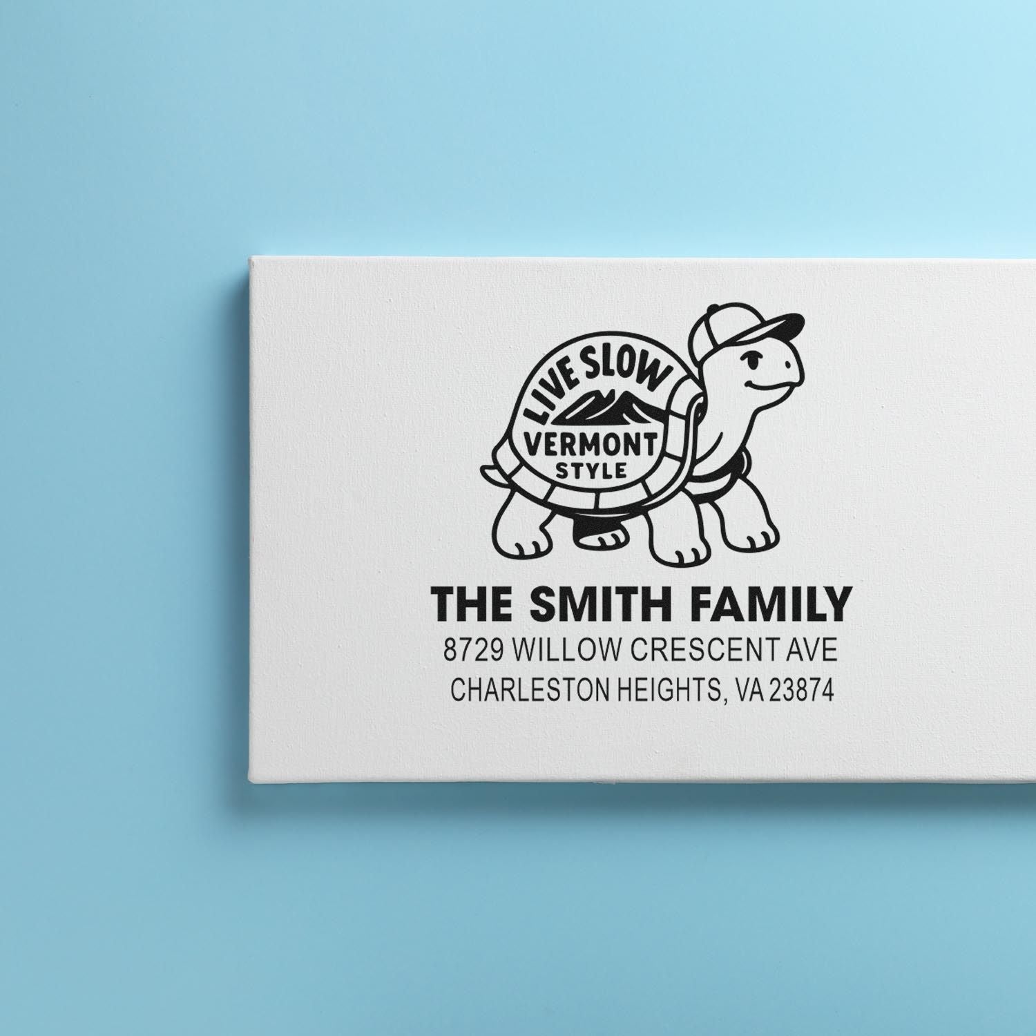 Custom family address rubber stamp with turtle design and Live Slow Vermont Style for The Smith Family, Charleston Heights, VA.