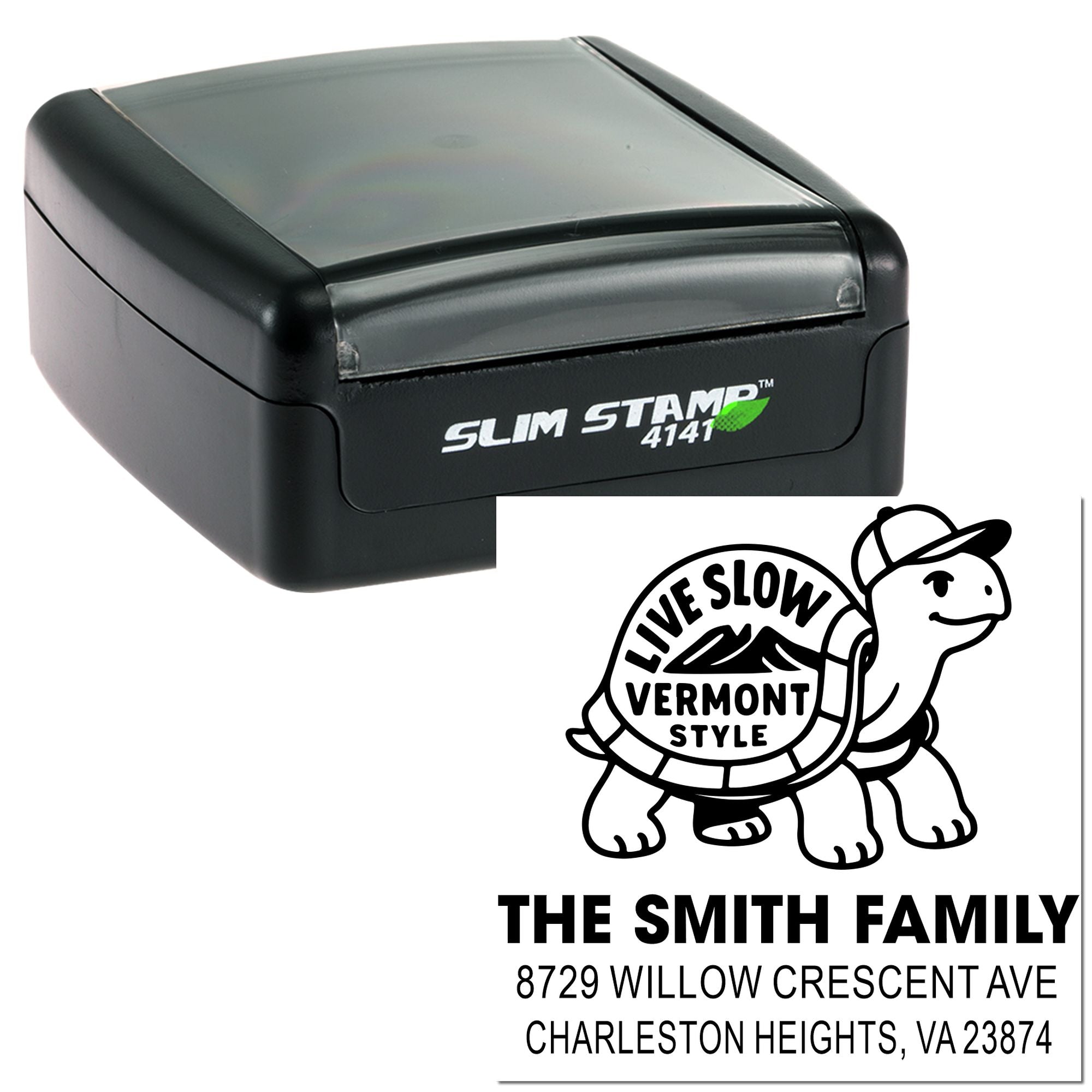 Vermont Turtle Charm Personalized Address Pre-Inked Stamp, 1-5/8" Square Custom Stamp for Crafters, Small Businesses, Invitations, and Stationery