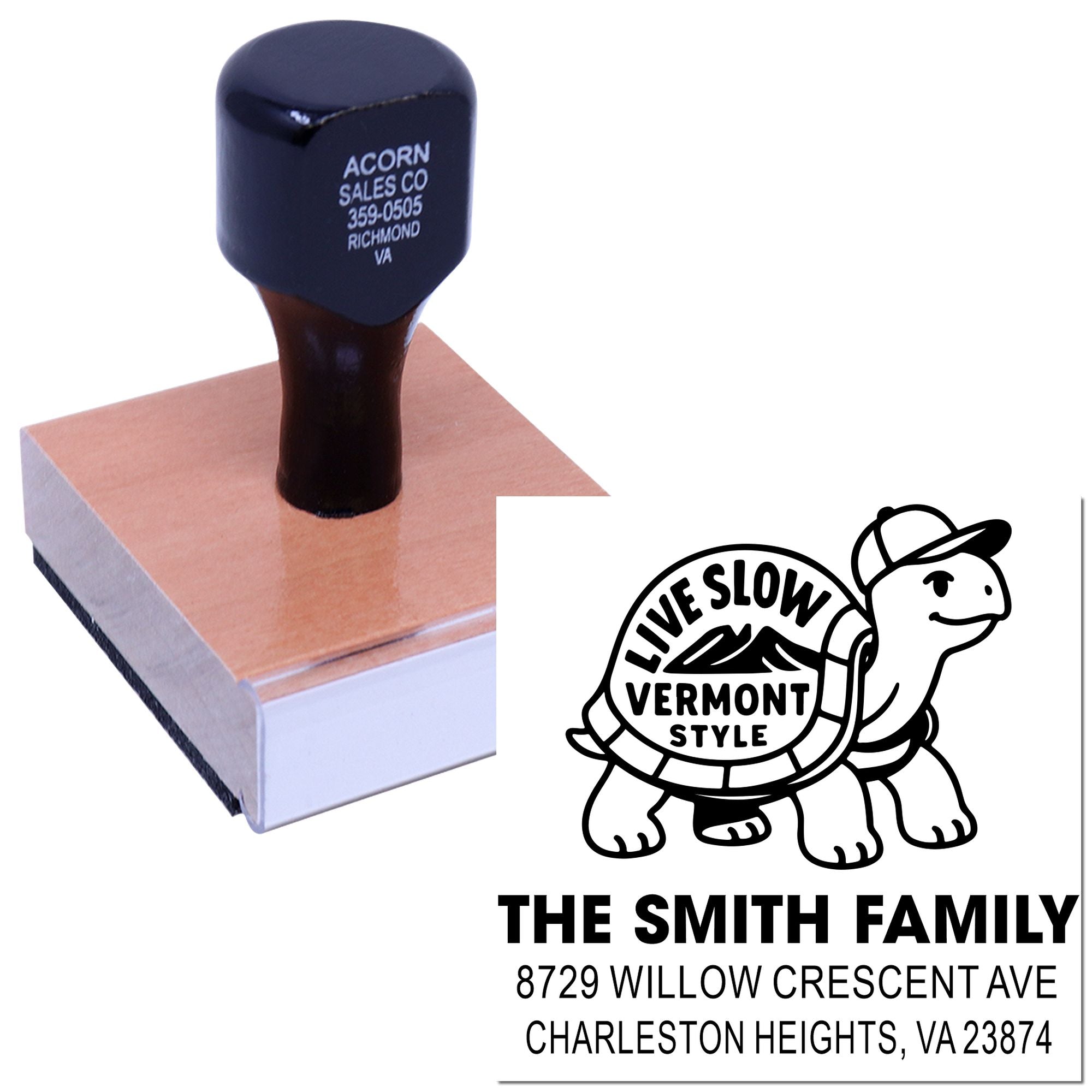 Custom rubber address stamp set with family name, address and Vermont-style turtle logo on a mounted stamp block.