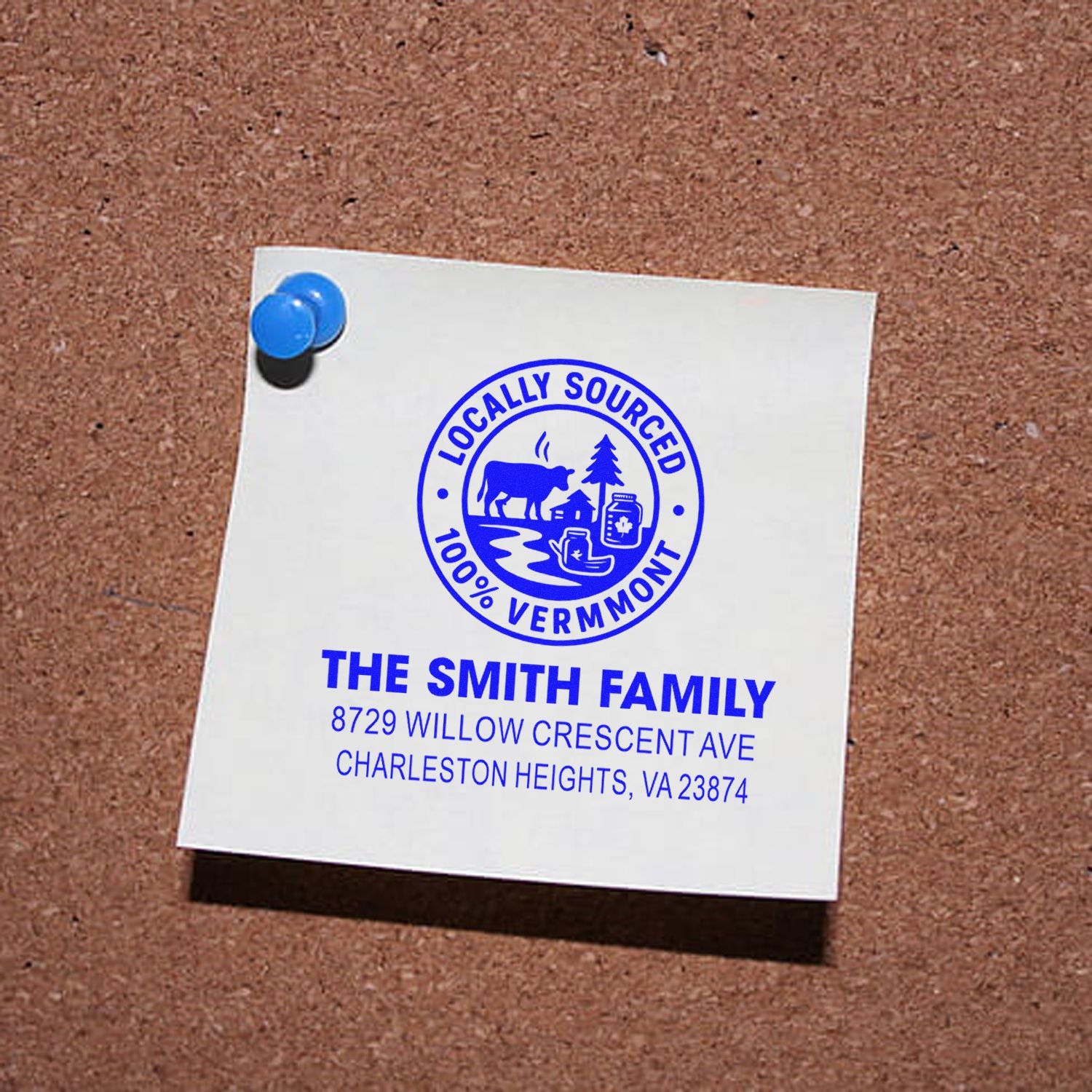 Custom family address rubber stamp with Locally Sourced 100% Vermont logo and Smith family mailing address.