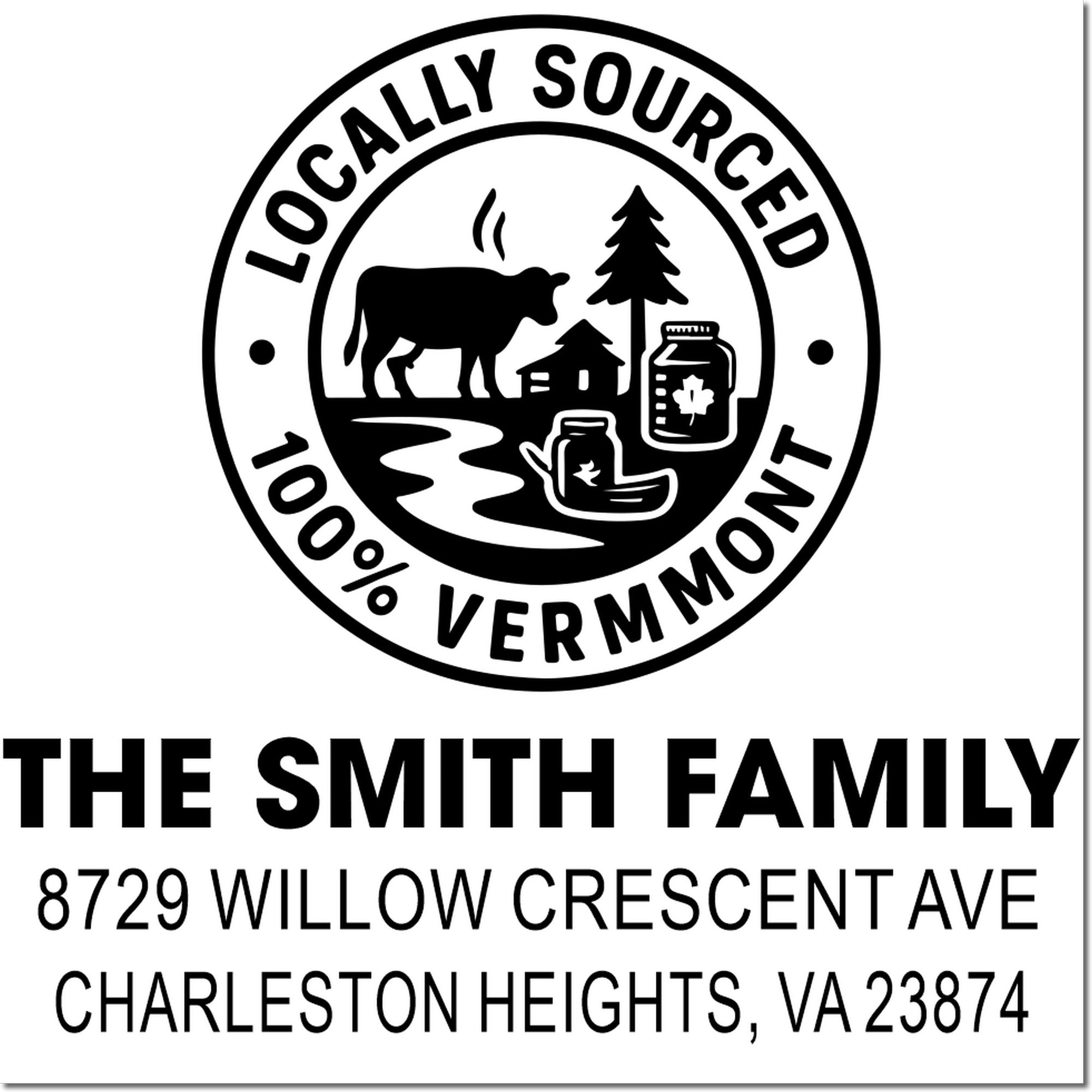 Custom circular locally sourced stamp with cow, trees, stream and maple syrup jar, personalized for The Smith Family, Charleston Heights, VA address.