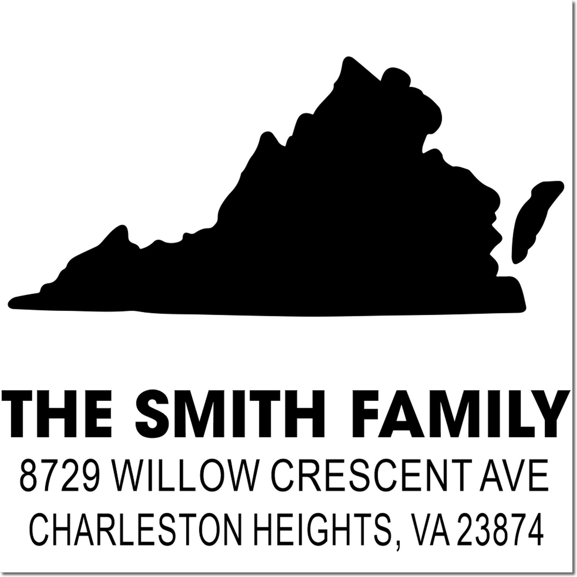 Custom address stamp with Virginia silhouette, reading The Smith Family, 8729 Willow Crescent Ave, Charleston Heights, VA 23874.
