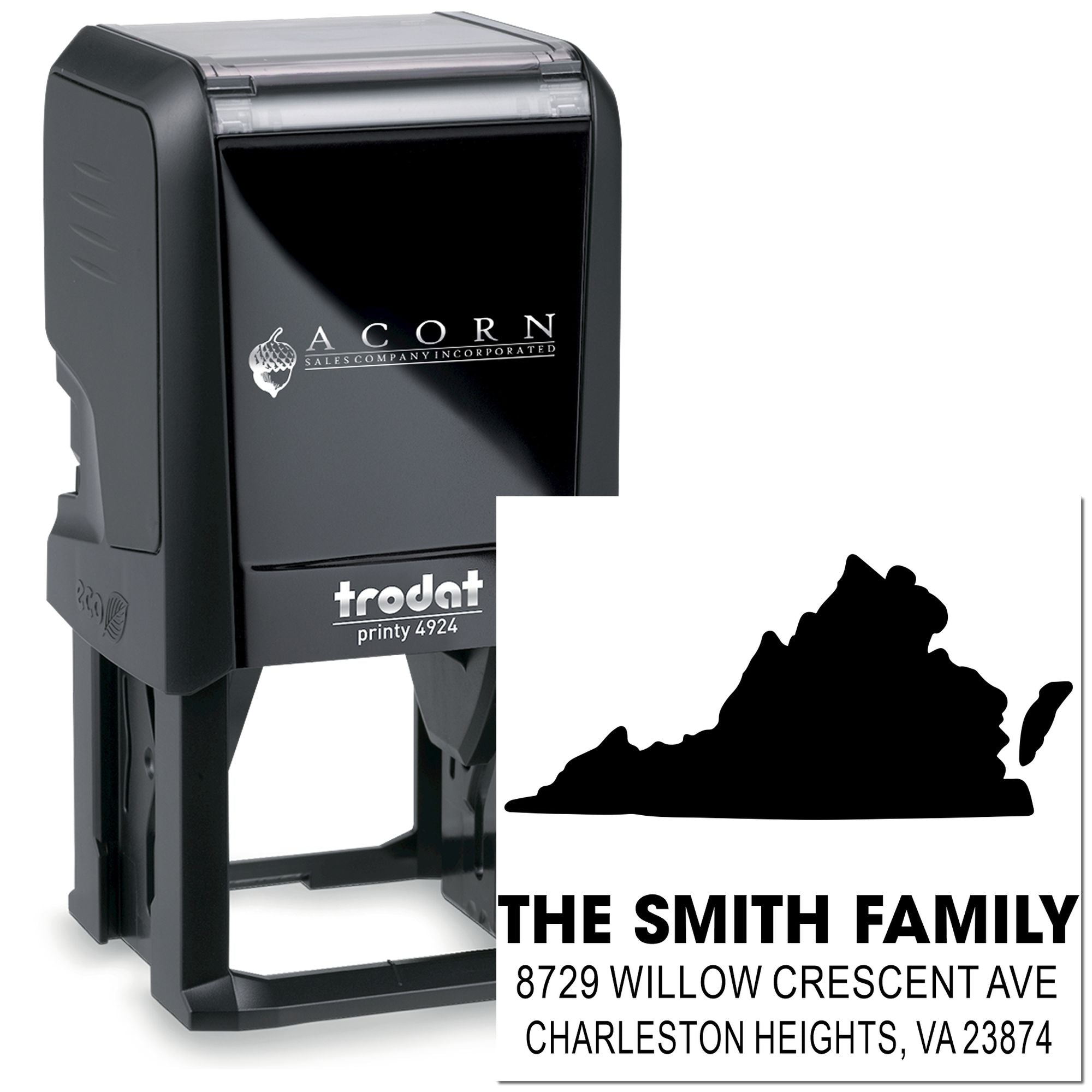 Custom self-inking address stamp with The Smith Family, Virginia silhouette, and return address on white background, Trodat Printy 4924.