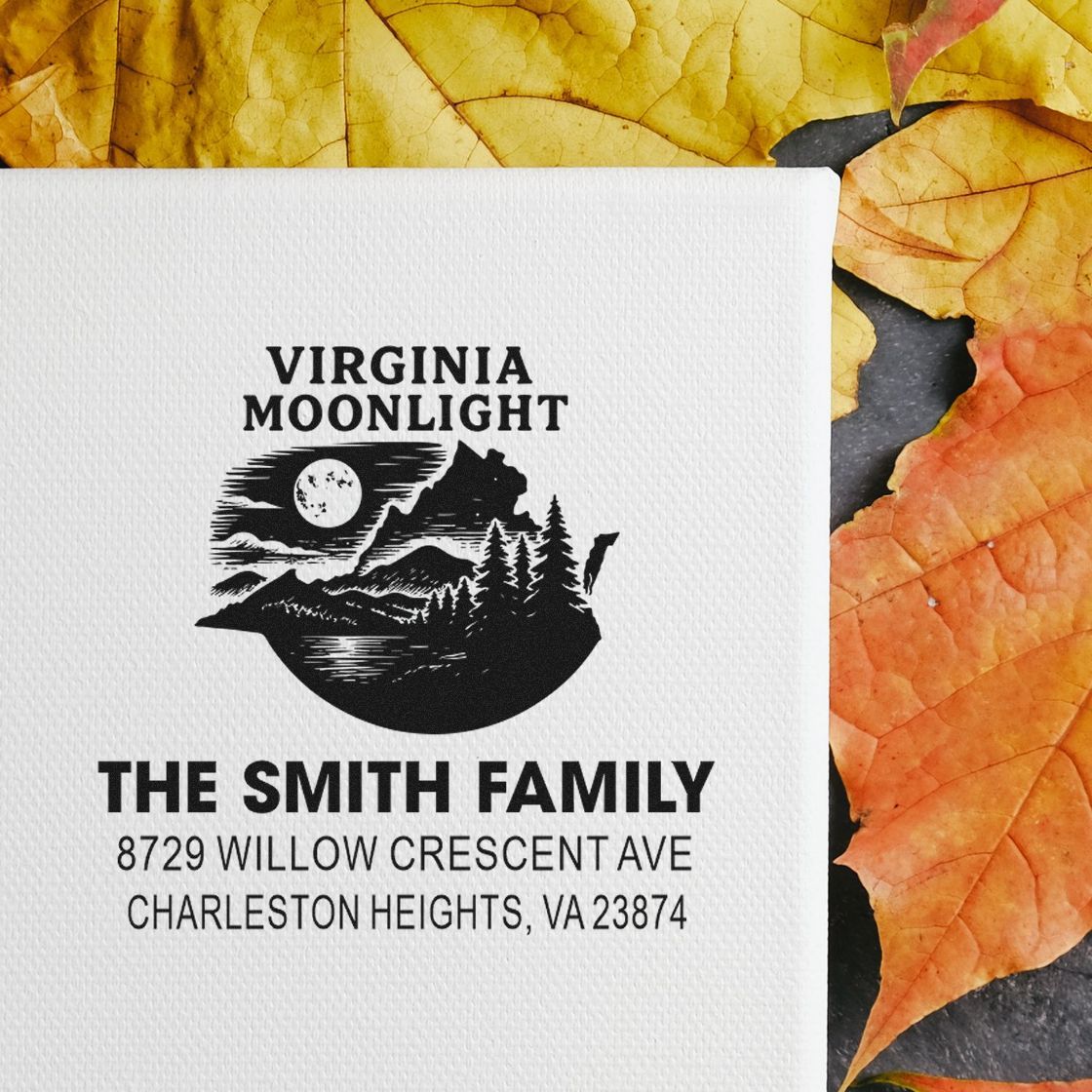 Personalized Virginia Moonlight custom family address stamp for The Smith Family on white textured paper, surrounded by autumn leaves.