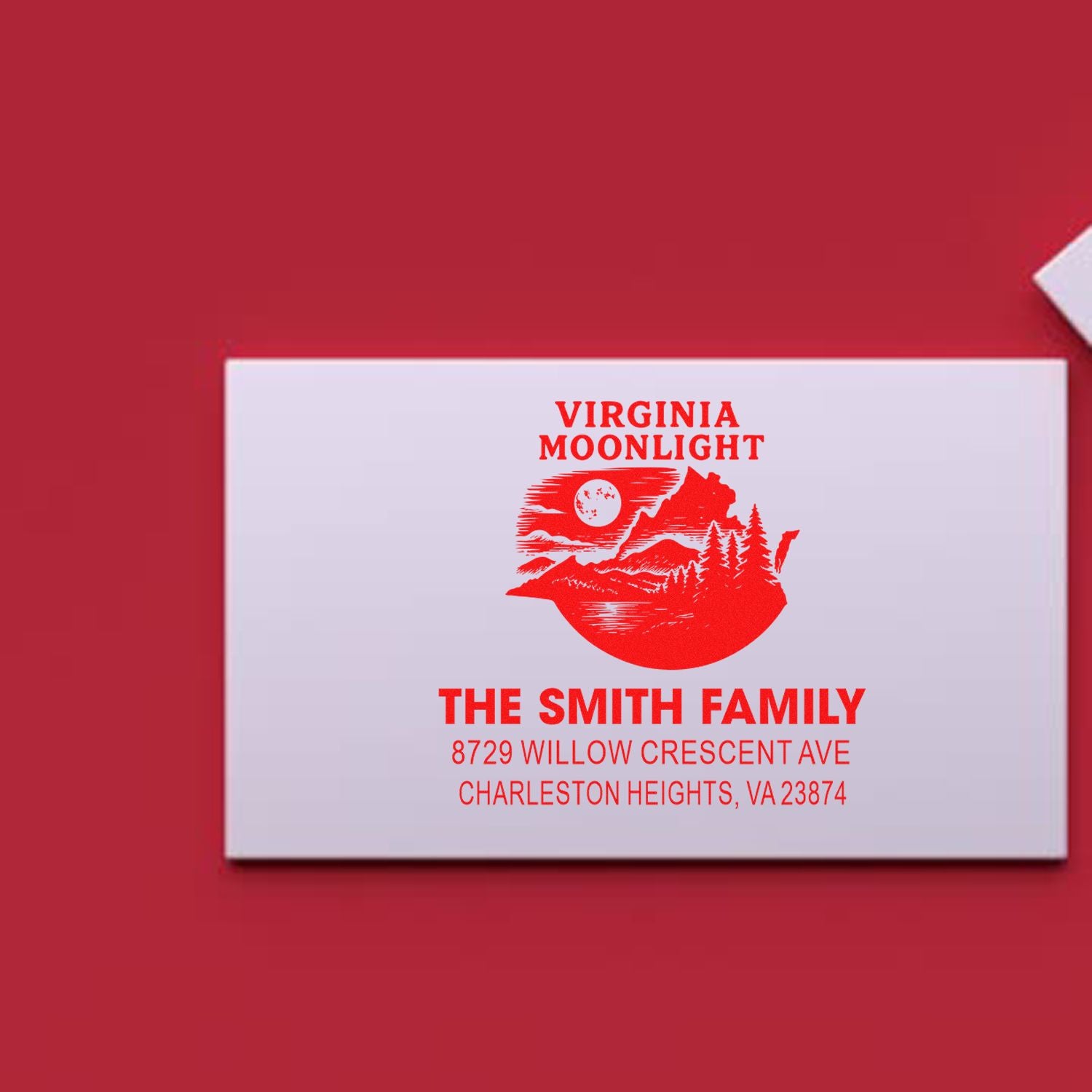 Custom Virginia Moonlight address stamp for The Smith Family, with mountain moon design and Charleston Heights, VA address on red background.