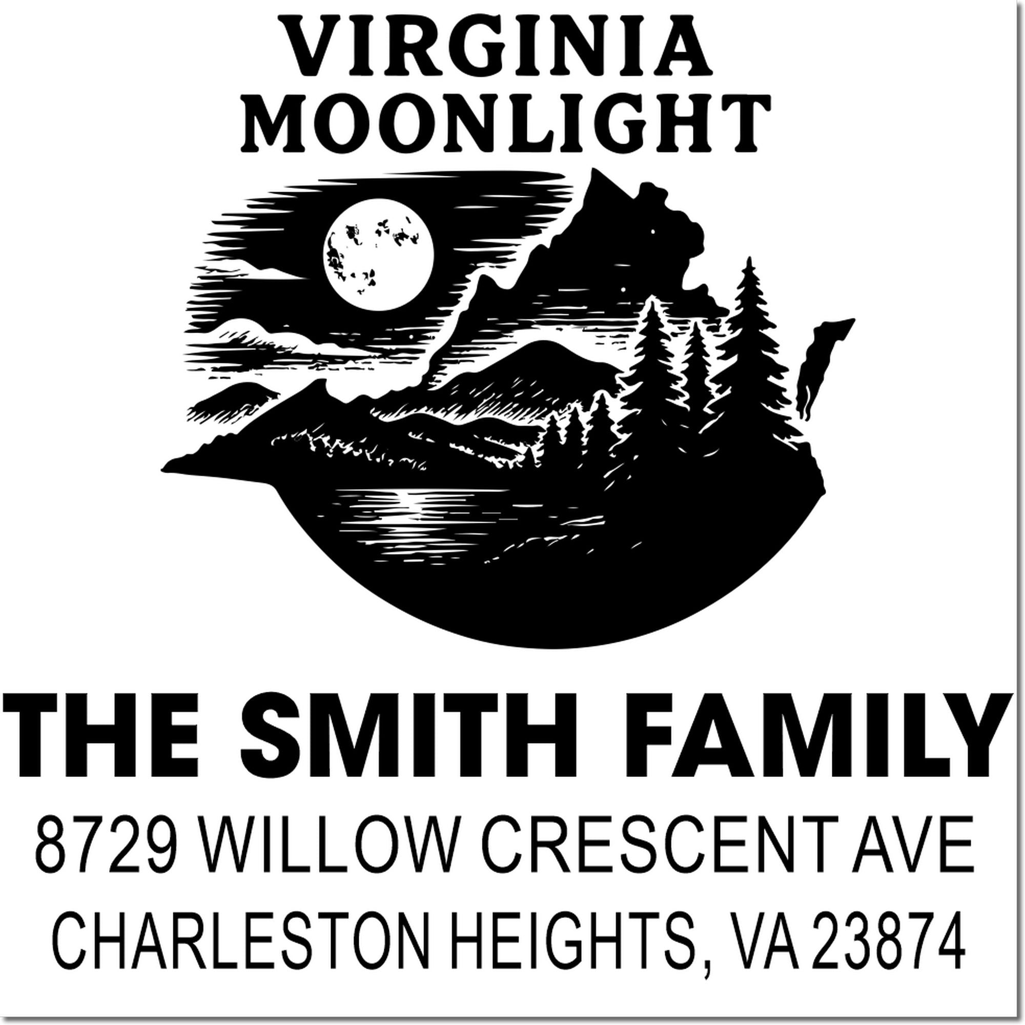 Virginia Moonlight custom address stamp with moonlit mountains, pine trees and lake silhouette; The Smith Family, Charleston Heights, VA address.